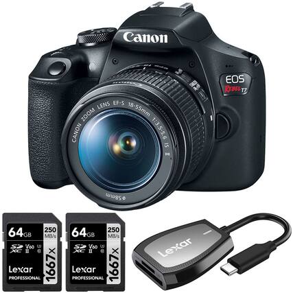 Canon EOS Rebel T7
Canon Zoom Lens EF-S 18-55mm 1:3.5-5.6 IS II
Lexar Professional 64GB 250 MB/s SDXC II V60 1667x
Lexar Professional 64GB 250 MB/s SDXC II V60 1667x
Lexar USB 3.0 Reader