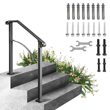 Front. VEVOR - Handrails for Outdoor Steps, Fit 2 or 3 Steps Outdoor Stair Railing, Arch 2 Wrought Iron Handrail - Black.