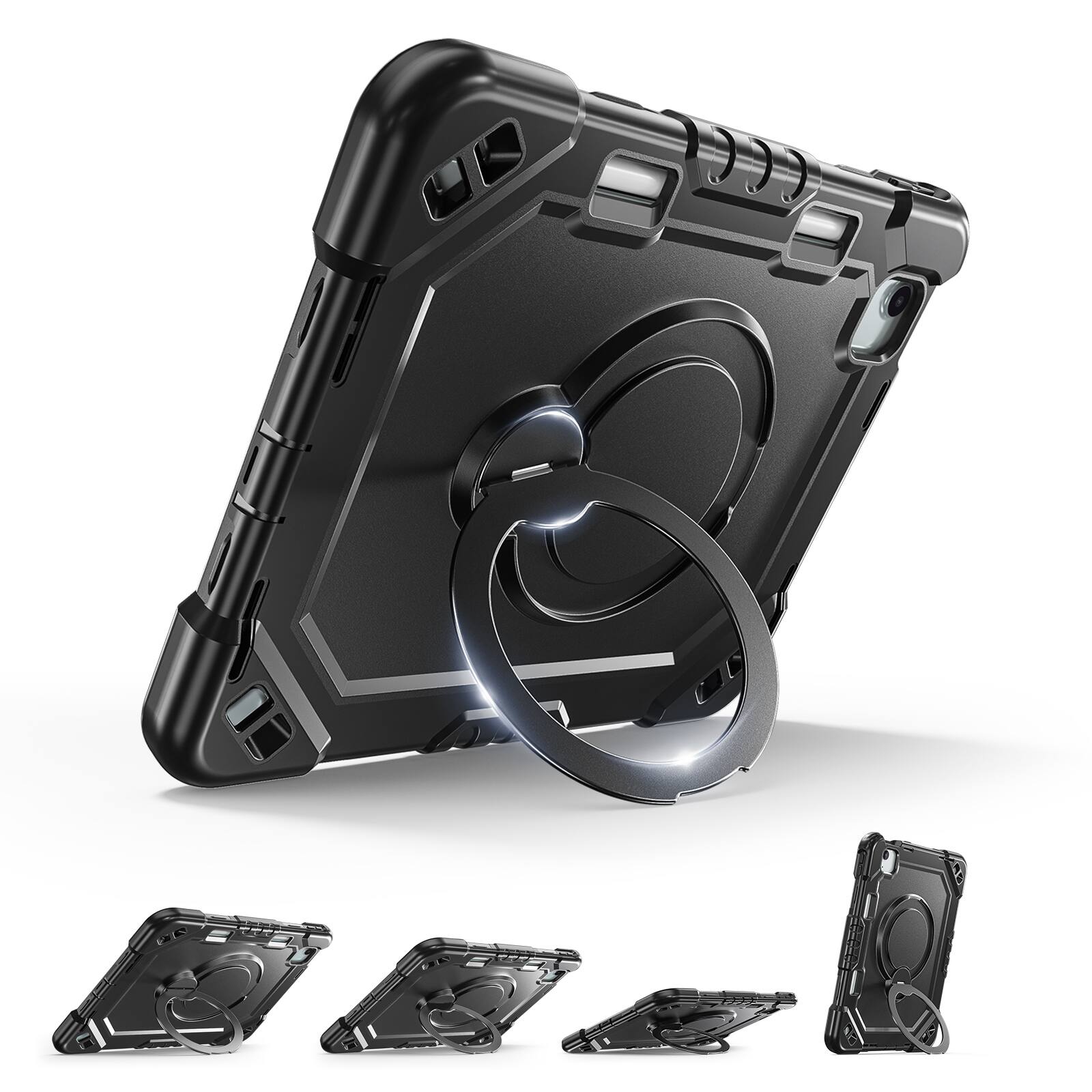 Back. Dteck - Case Built-in Screen Protector for iPad Air 11'' 2026/iPad Pro 11'' 2022 Pencil Holder Ring Stand Cover+Crossbody Strap - Black.