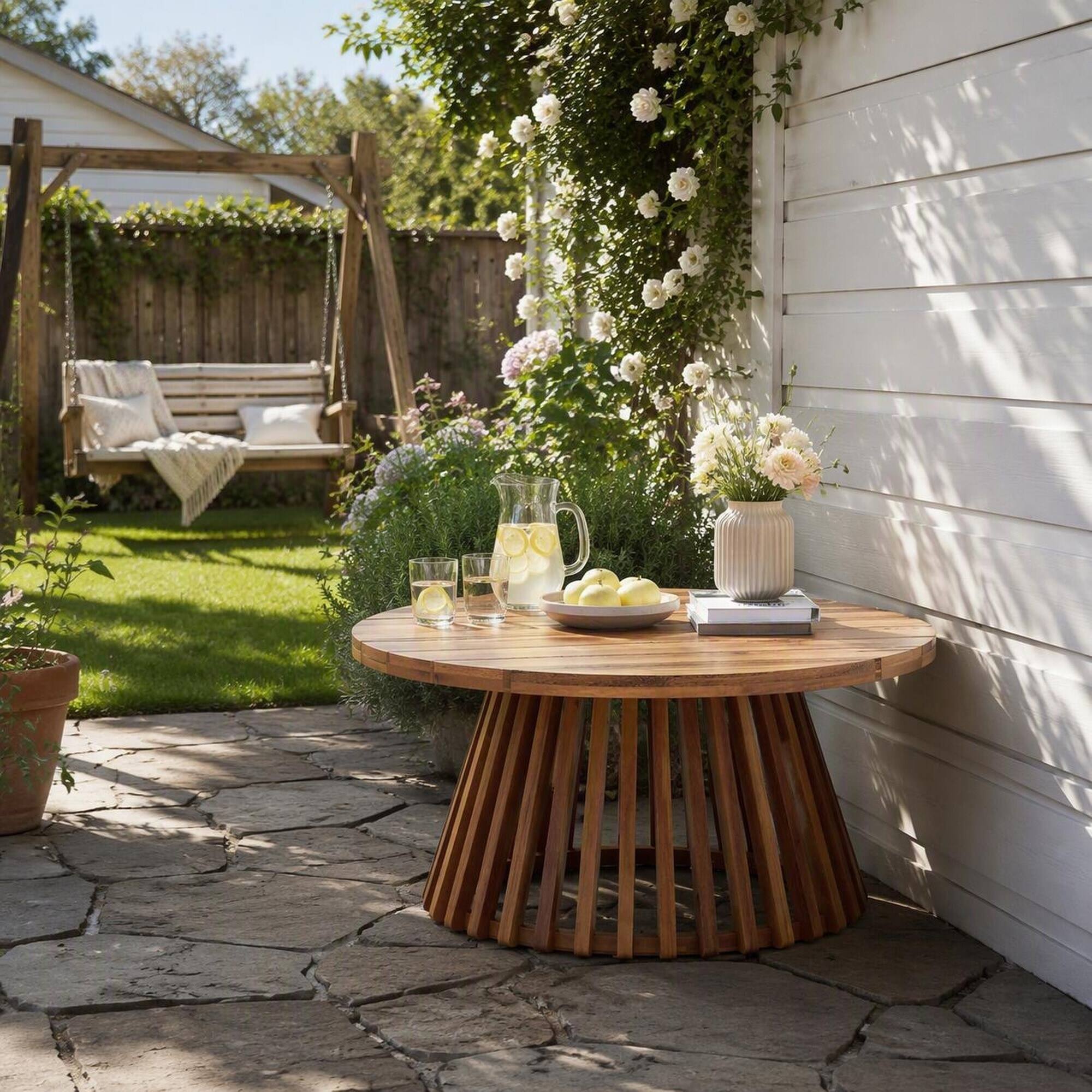 Alt View 2. RYHNUYNE - Round Outdoor Wood Coffee Table,Patio Accent Table with Slatted Pedestal Base,Wooden Side Table for Backyard - Light Teak.