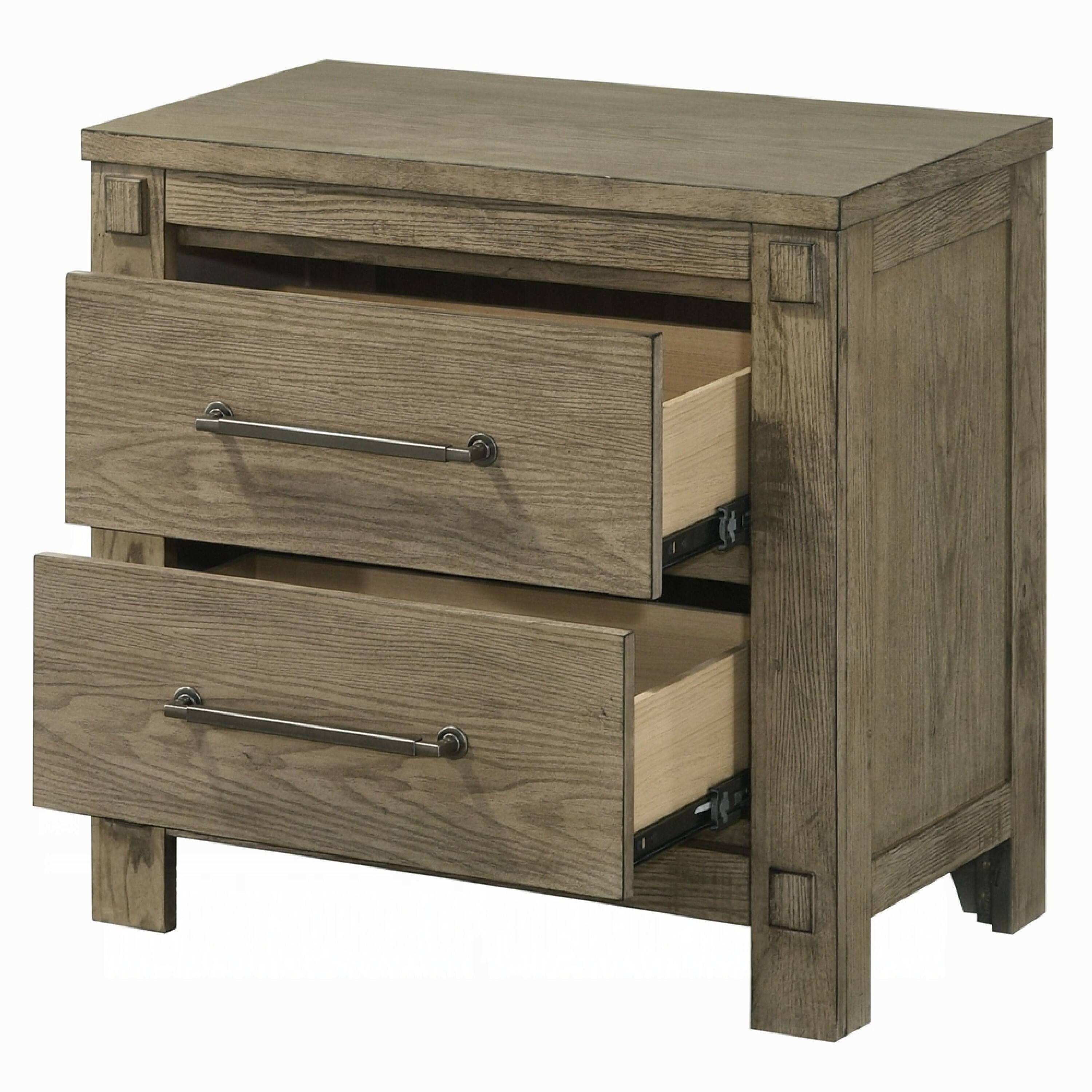 Left. Manhattan Lane - Cera Nightstand, 2 Drawers Handles, Tone Wood - Antique White Oak, Bronze.