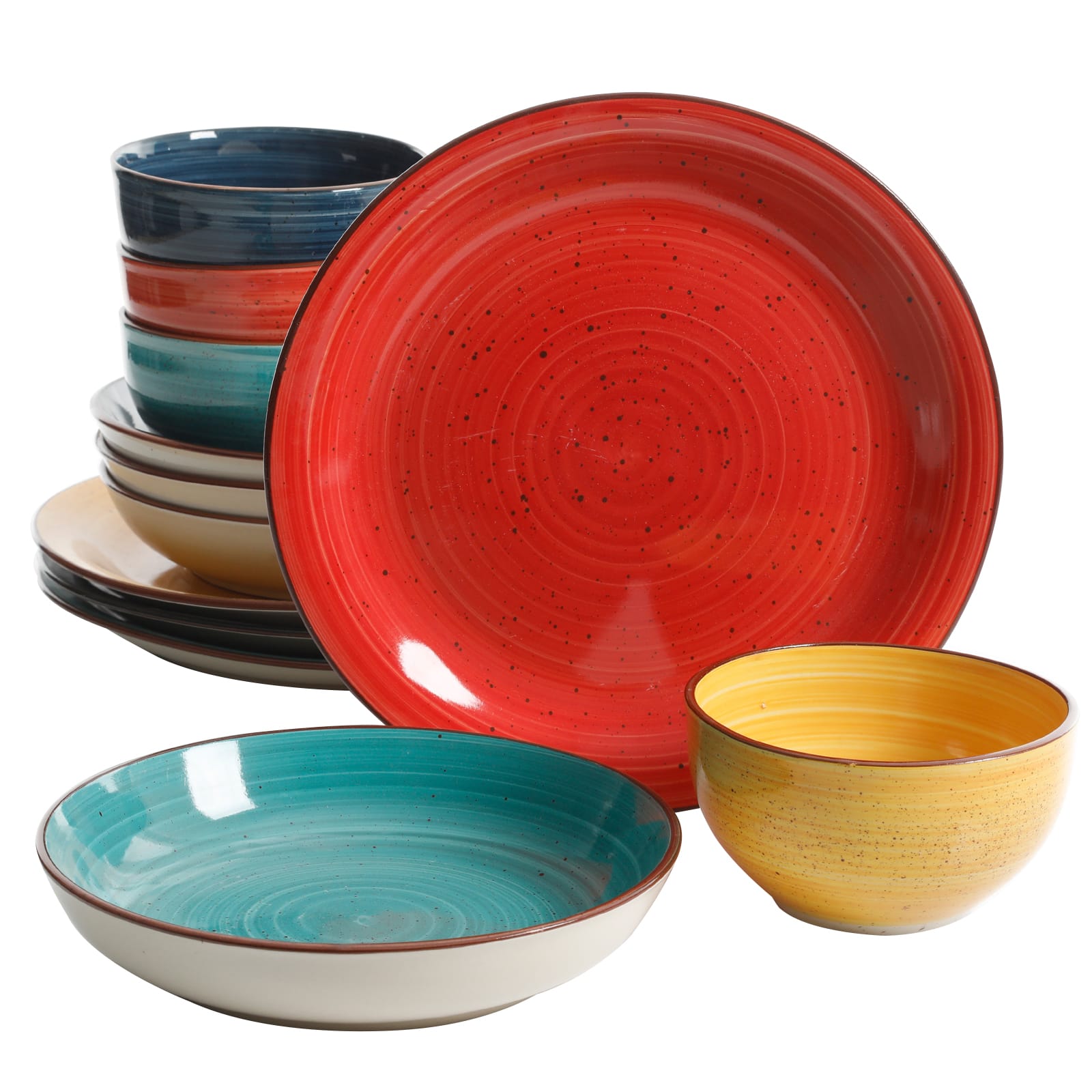 Gibson - Color Speckle 12 Piece Mix and Match Double Bowl Dinnerware Set in 4 Colors - Assorted