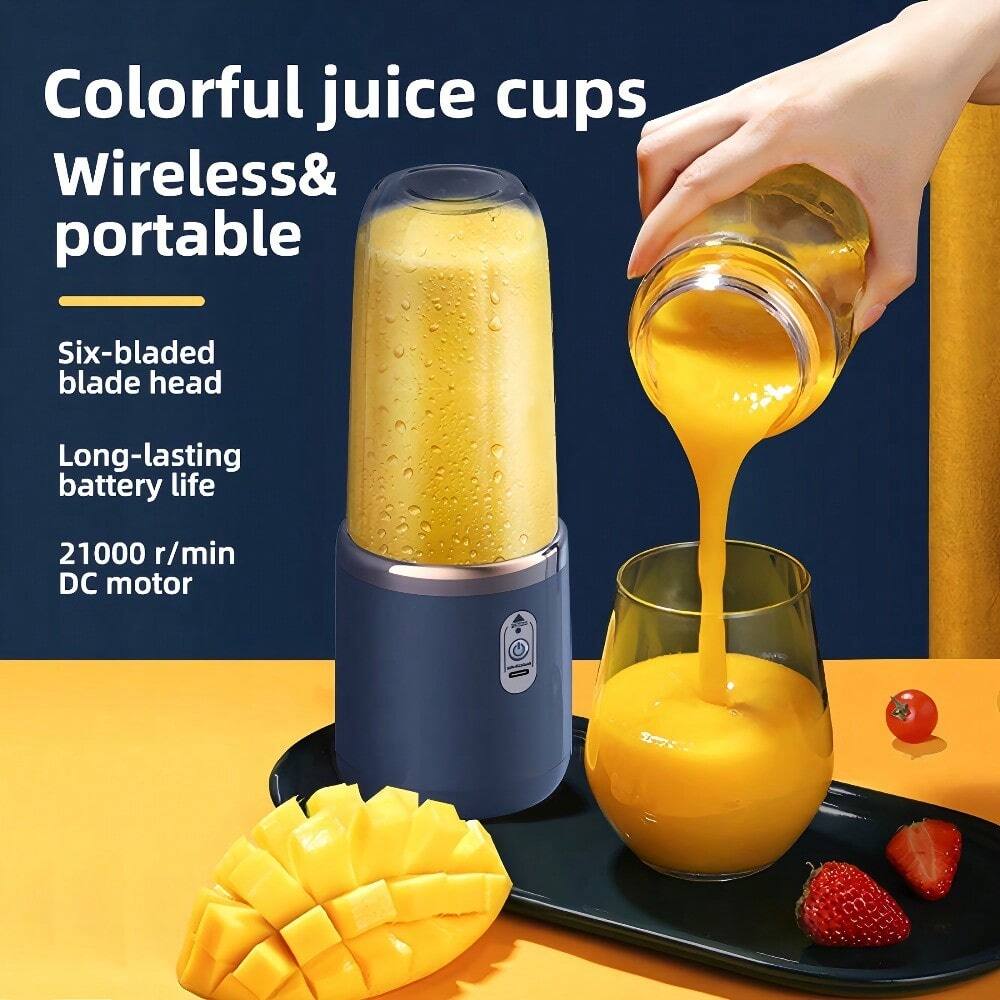Colorful juice cups  
Wireless & portable  
Six-bladed blade head  
Long-lasting battery life  
21000 r/min DC motor