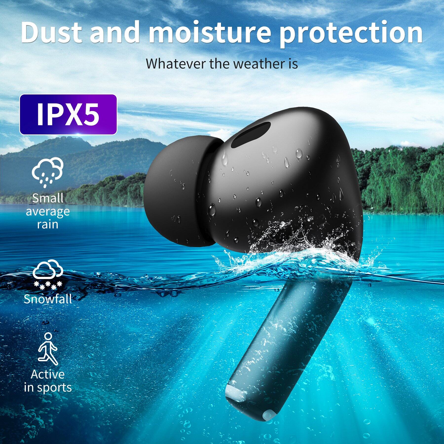 Dust and moisture protection  
Whatever the weather is  

IPX5  

Small average rain  
Snowfall  
Active in sports