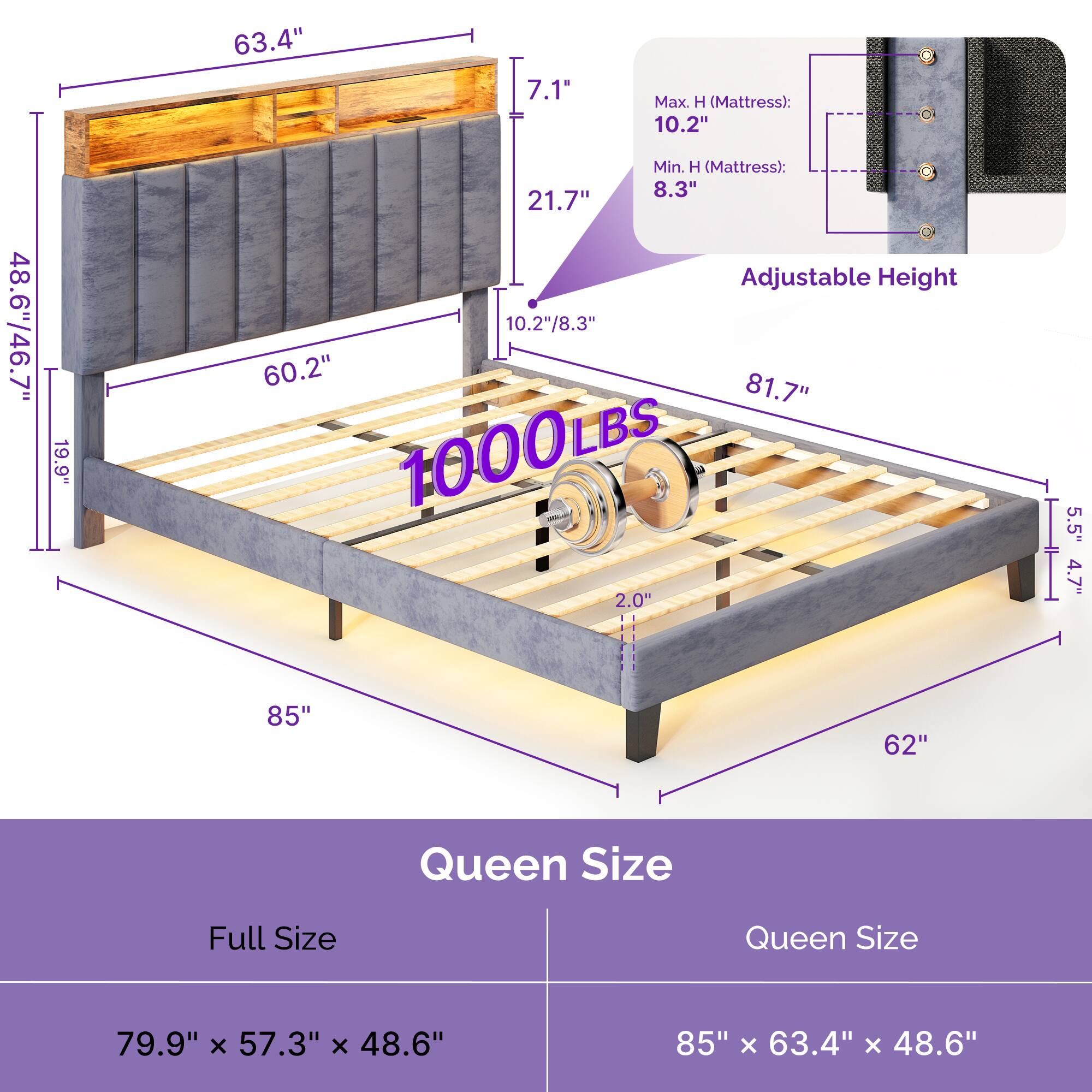 - 63.4"
- 7.1"
- 21.7"
- 10.2"/8.3"
- 60.2"
- 81.7"
- 1000LBS
- 2.0"
- 5.5"
- 4.7"
- 19.9"
- 48.6"/46.7"
- 85"
- 62"
- Max. H (Mattress): 10.2"
- Min. H (Mattress): 8.3"
- Adjustable Height
- Queen Size
- Full Size
- 79.9" x 57.3" x 48.6"
- 85" x 63.4" x 48.6"