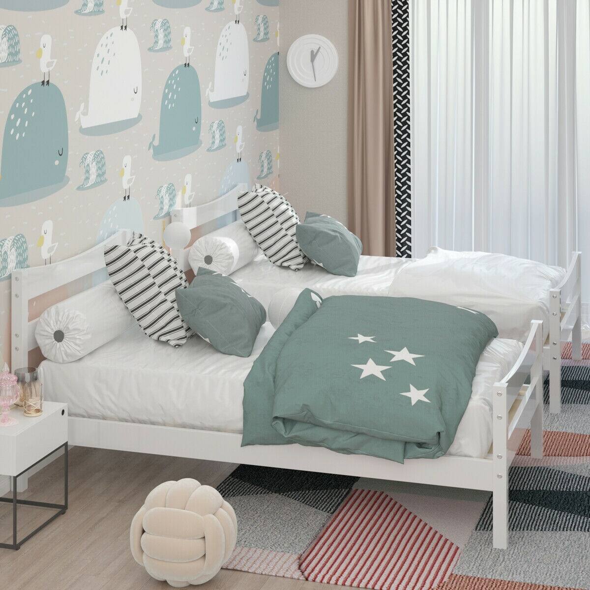 Alt View 6. Ecooso - Twin Size Rustic Style Platform Bed Frame with Headboard and Footboard - White.