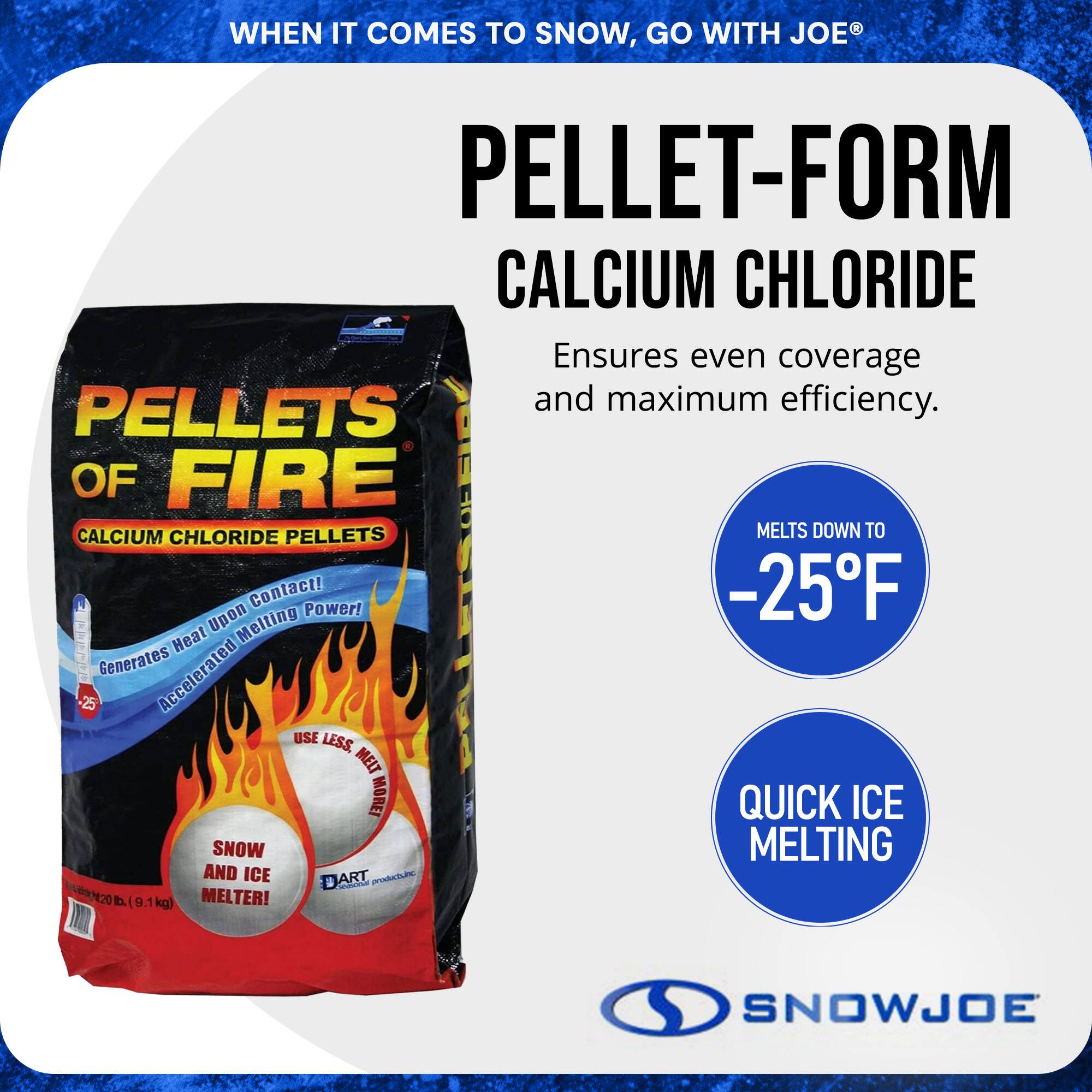 **When it comes to snow, go with Joe®**

**Pellet-Form Calcium Chloride**

- Ensures even coverage and maximum efficiency.
- Melts down to -25°F
- Quick ice melting

**Pellets of Fire®**
- Calcium Chloride Pellets
- Generates heat upon melting contact!
- Accelerated melting power!
- Use less, melt more!
- Snow and ice melter!

**Snow Joe**