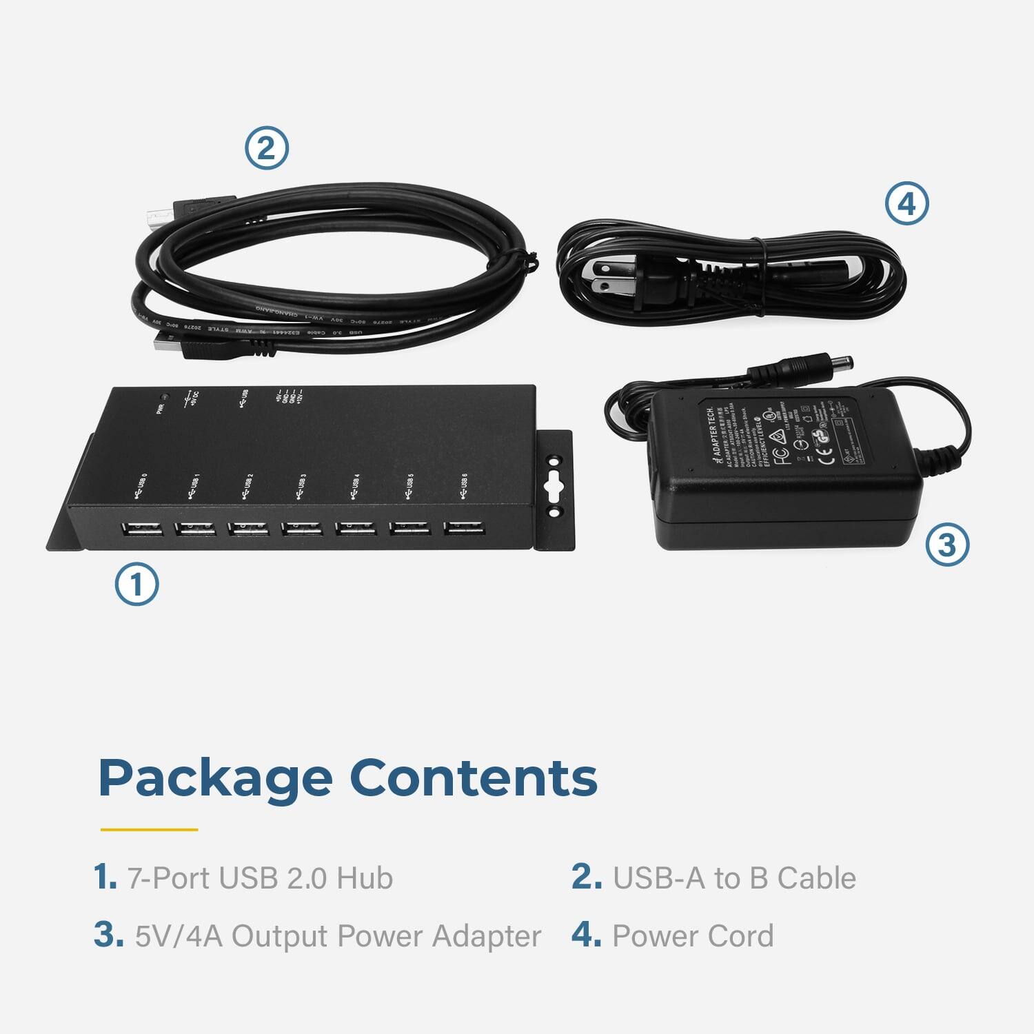 Package Contents

1. 7-Port USB 2.0 Hub
2. USB-A to B Cable
3. 5V/4A Output Power Adapter
4. Power Cord