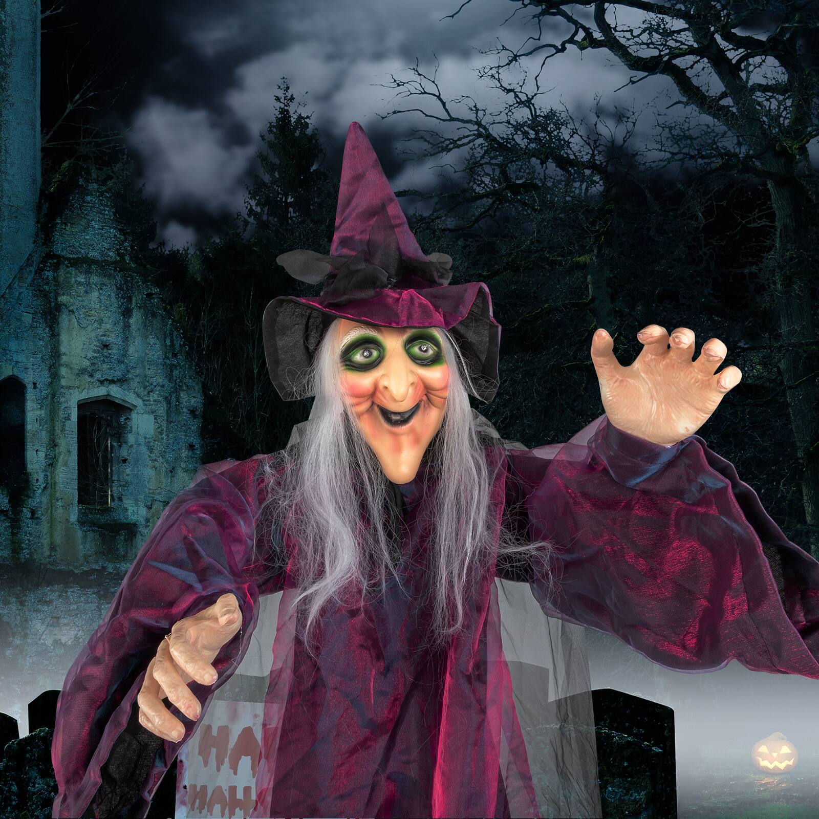 Alt View 2. Sunoyar - 71" Life Size Hanging Witch Decoration, Animated Talking Halloween Prop with Sound, Indoor/Outdoor Haunted House Decor - Purple.
