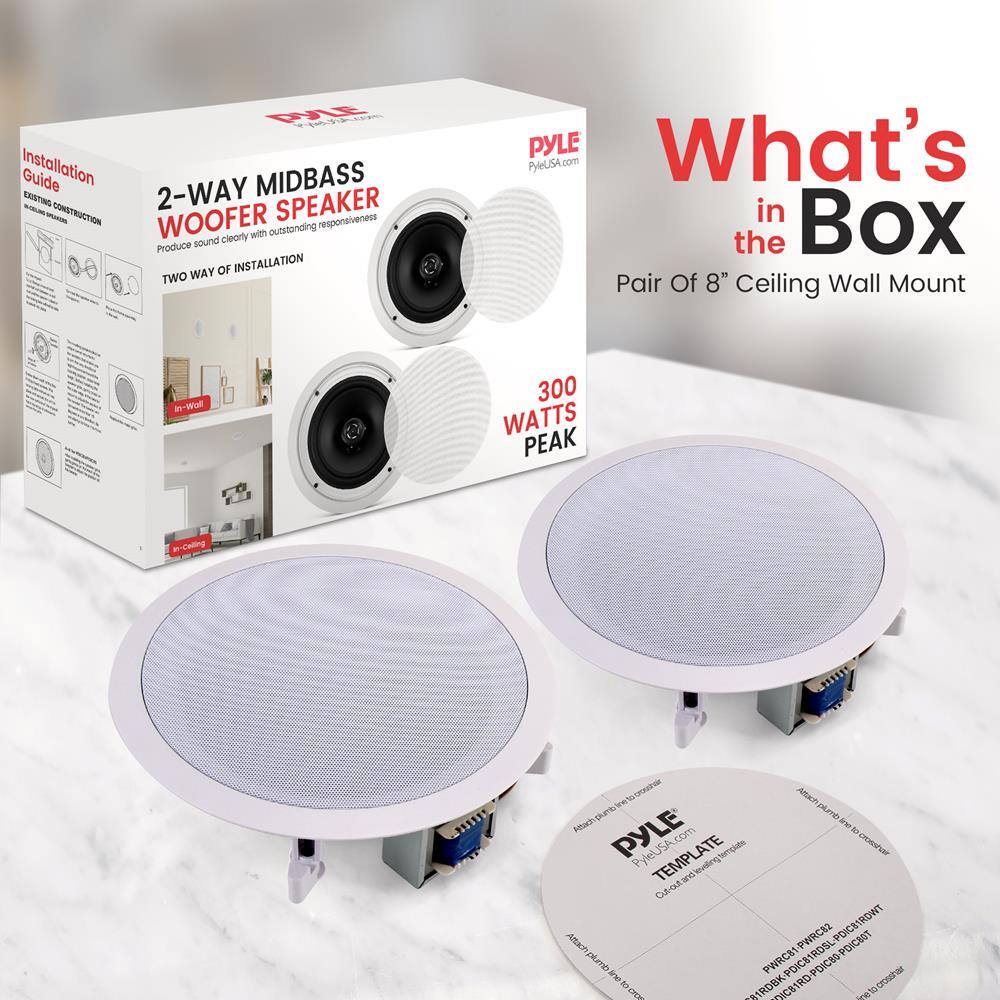 **Installation Guide**  
EXISTING CONSTRUCTION  

**2-WAY MIDBASS WOOFER SPEAKER**  
Produce sound clearly with outstanding responsiveness  

**TWO WAY OF INSTALLATION**  
In-Wall  
In-Ceiling  

**What's in the Box**  
Pair Of 8" Ceiling Wall Mount  

**300 WATTS PEAK**  

**PYLE**  
PyleUSA.com  

**TEMPLATE**  
Cut and level template  

**PYLE**  
PyleUSA.com