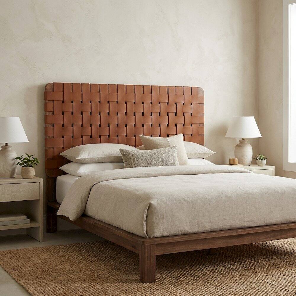 Left. FurniFact - Vegan Leather Twin Headboard withDesign and Durable Frame - Brown.