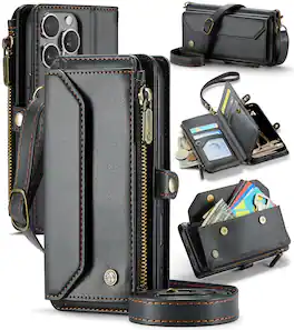Dteck - Crossbody Wallet Case for Apple iPhone 16 Pro with Card Slots and Zipper Pocket, RFID Blocking PU Leather Cover - Black