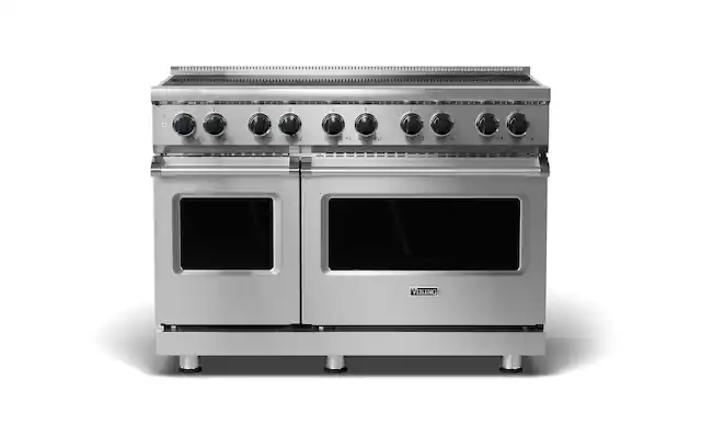 The text on the image reads "VIKING," which is the brand name of the stainless steel oven and stove.