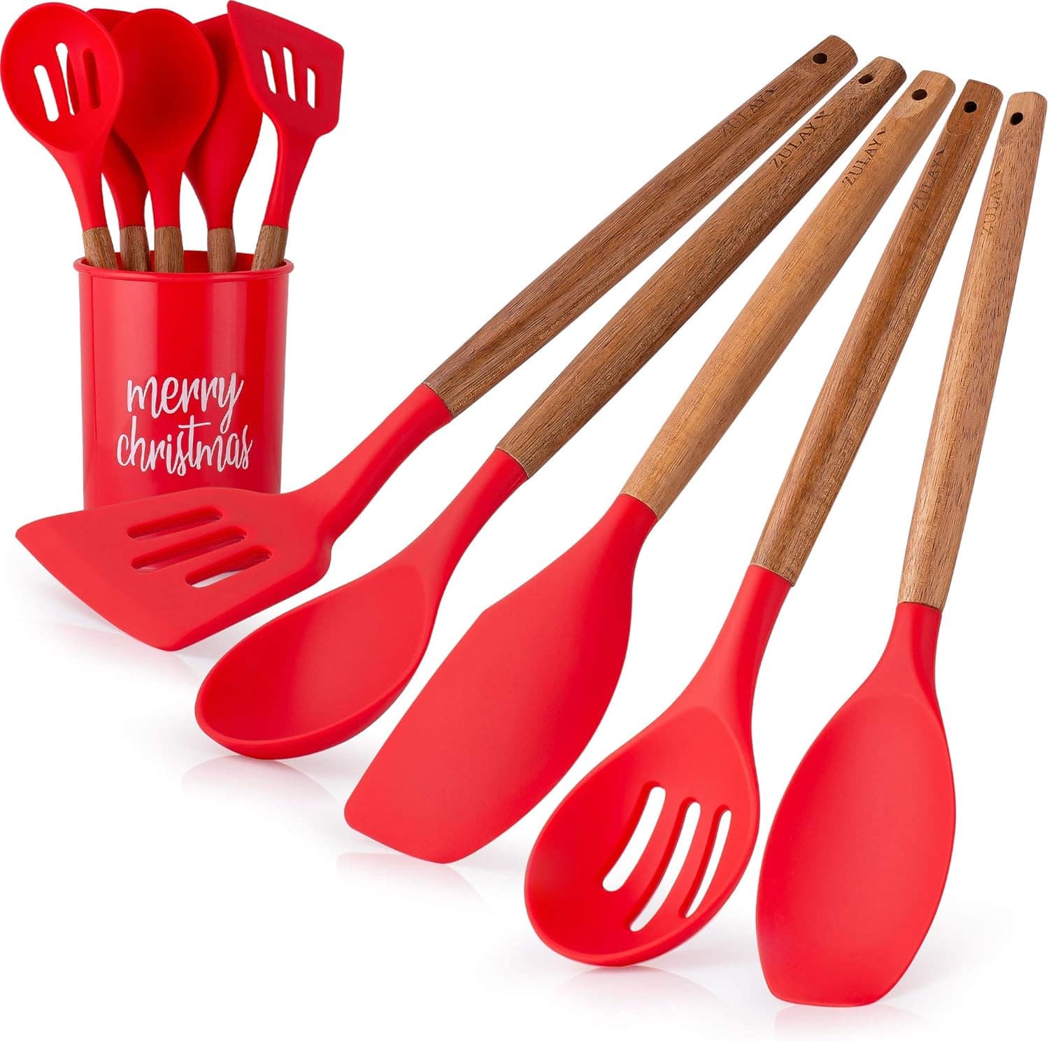 Zulay Kitchen - Non-Stick Silicone & Acacia Wood 5-Piece Cooking Utensil Set with Holder - Red