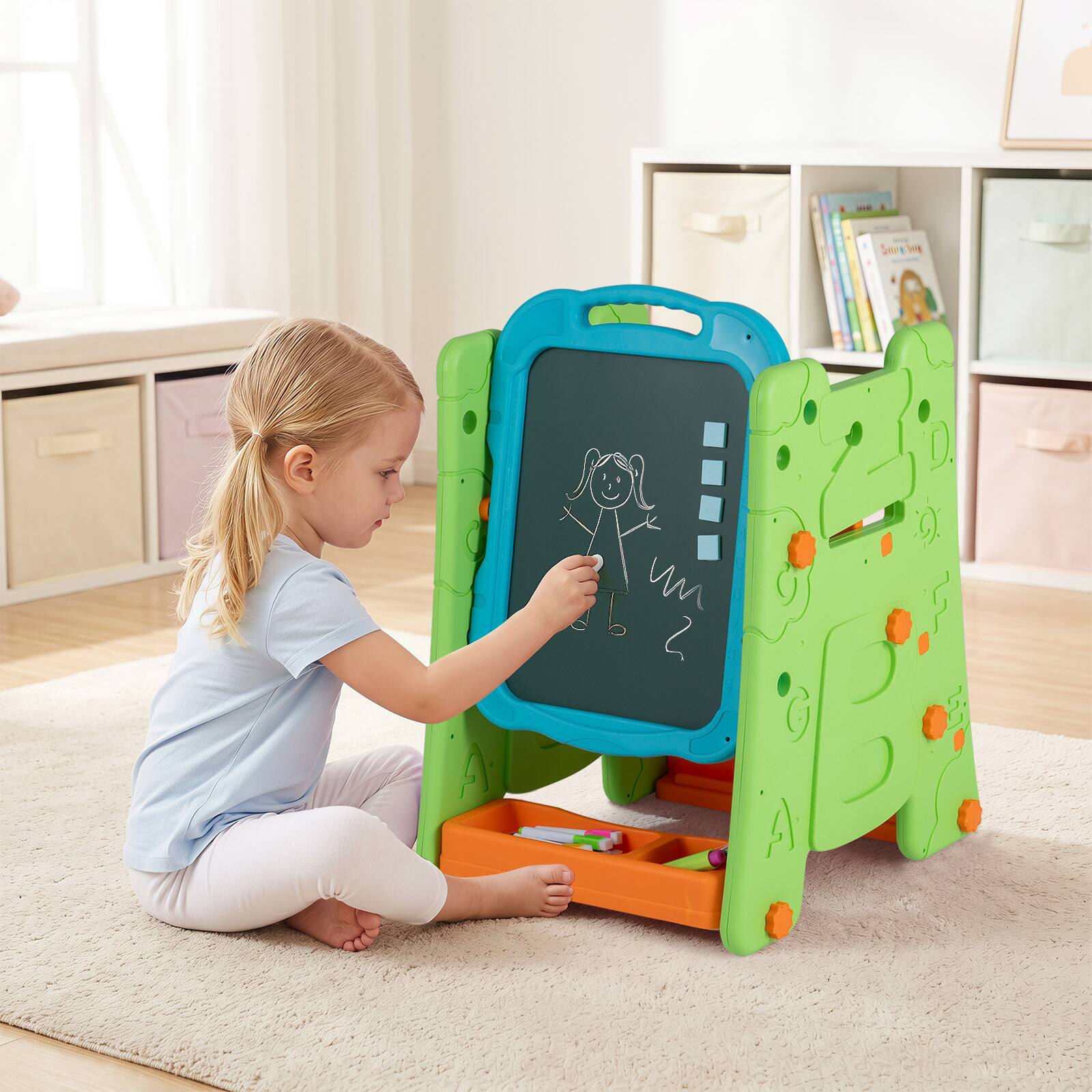 Alt View 1. Costway - Costway 3 in 1 Art Easel for Kids with Book Rack, Height Adjustable Standing Easel, Age 3+ - Blue & Green.