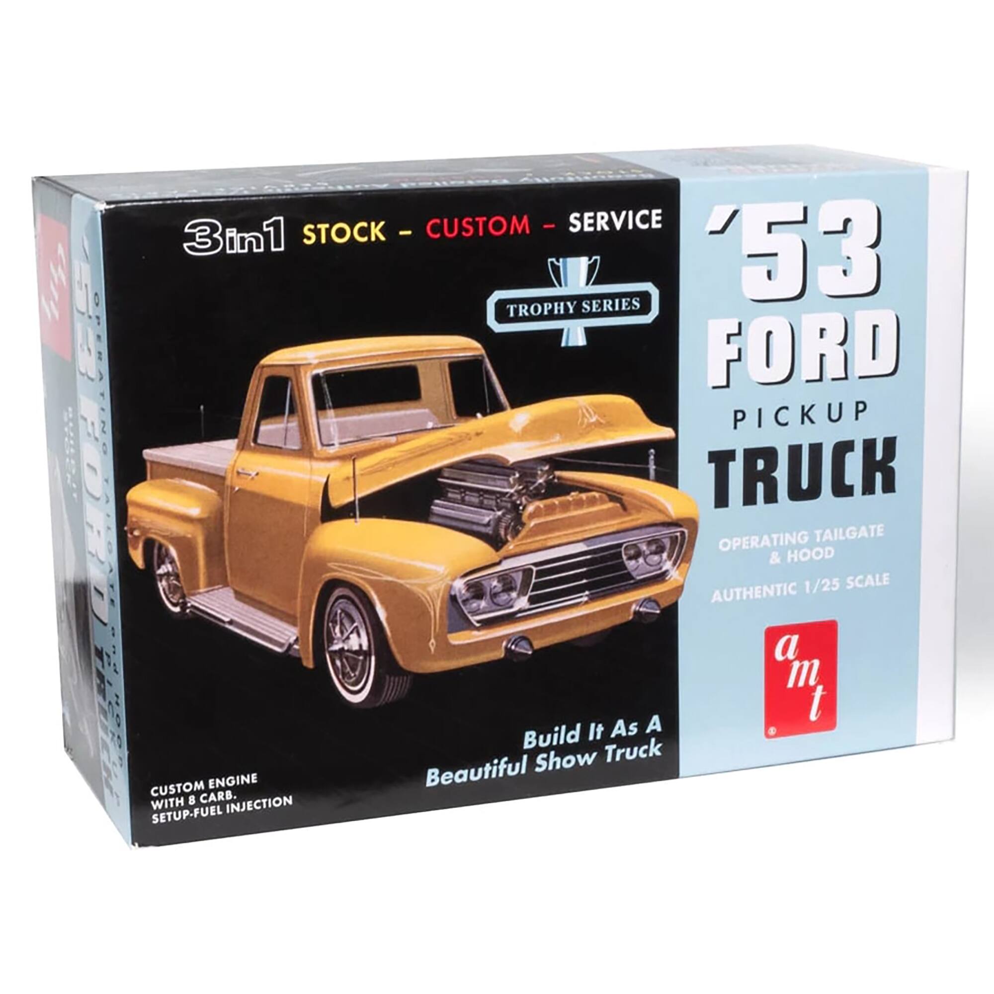STOCK - CUSTOM - SERVICE 3in1 '53 "Trophy Series" Operating Ford Pickup Truck 1/25 Scale. Build it as a beautiful show truck with a custom engine and 8 carb setup-fuel injection.