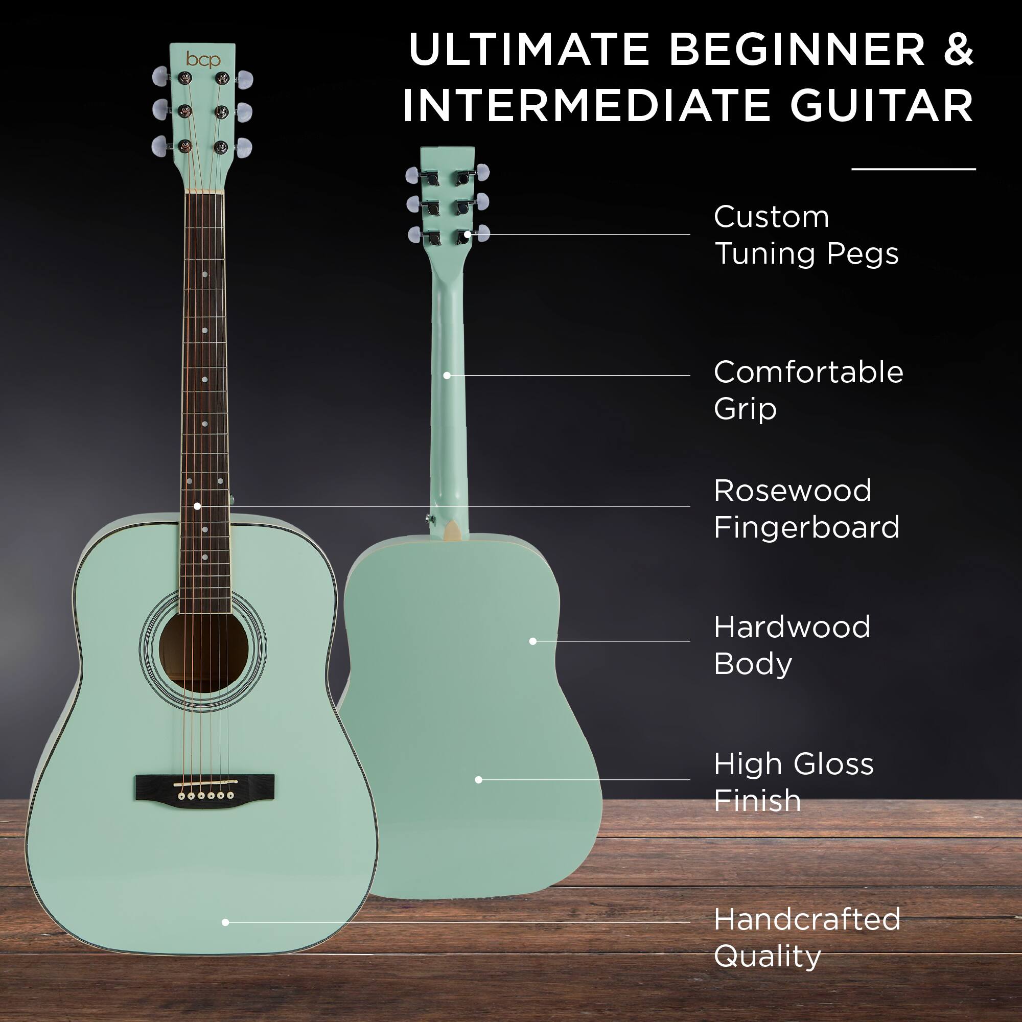 ULTIMATE BEGINNER & INTERMEDIATE GUITAR

- Custom Tuning Pegs
- Comfortable Grip
- Rosewood Fingerboard
- Hardwood Body
- High Gloss Finish
- Handcrafted Quality