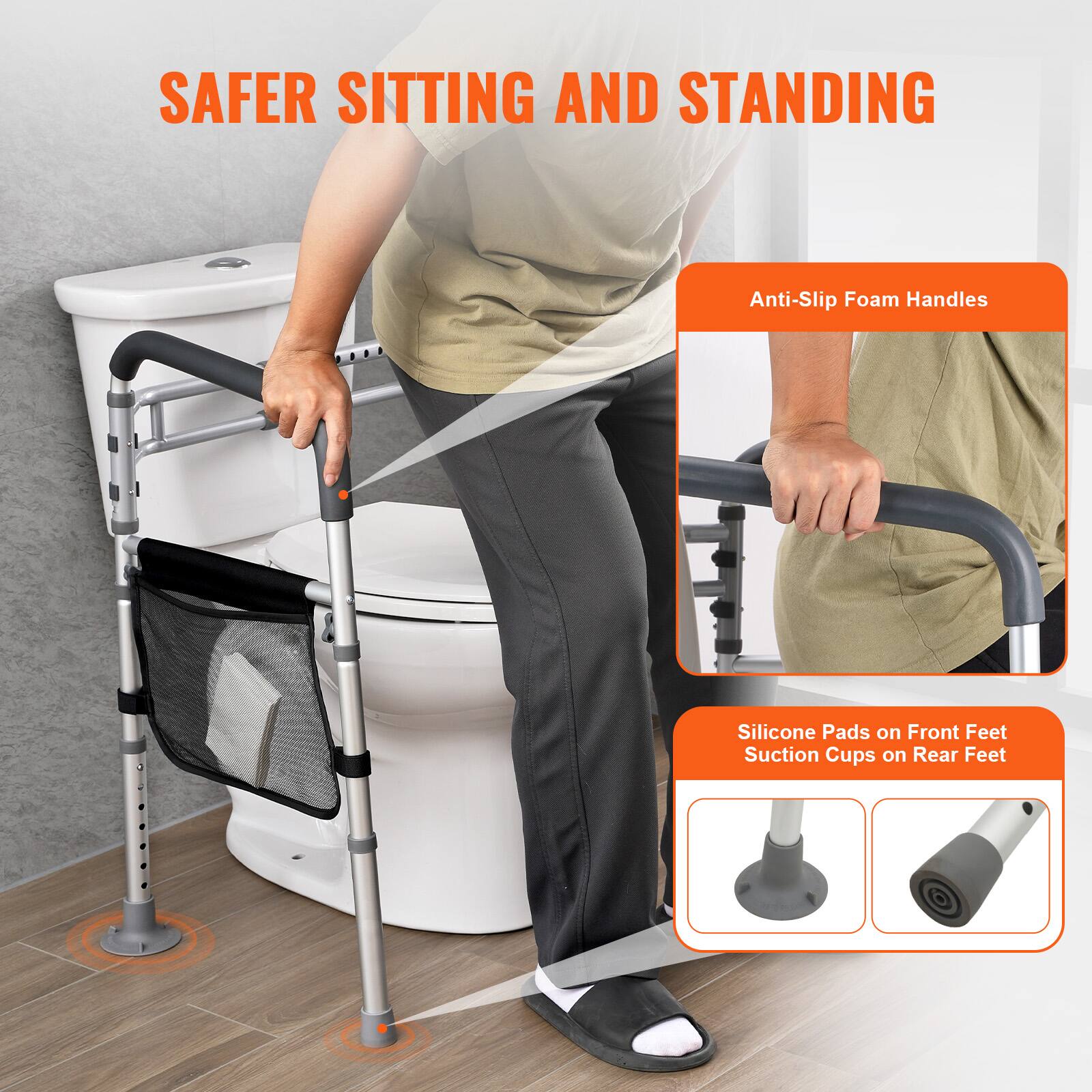 SAFER SITTING AND STANDING
Anti-Slip Foam Handles
Silicone Pads on Front Feet
Suction Cups on Rear Feet