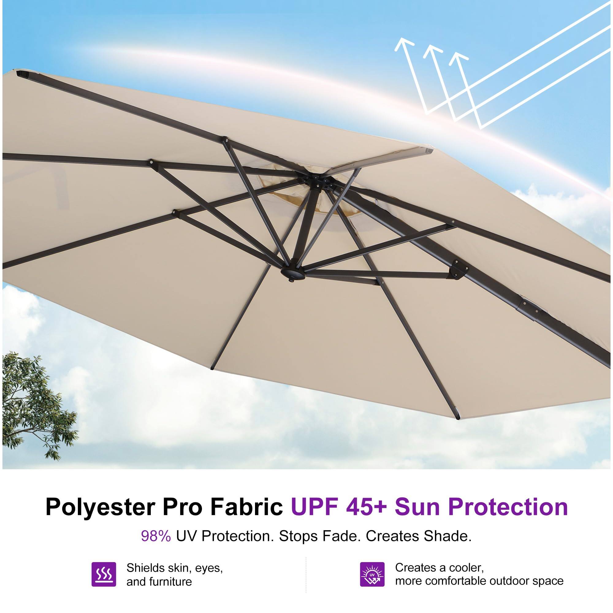 Polyester Pro Fabric UPF 45+ Sun Protection

98% UV Protection. Stops Fade. Creates Shade.

- Shields skin, eyes, and furniture
- Creates a cooler, more comfortable outdoor space