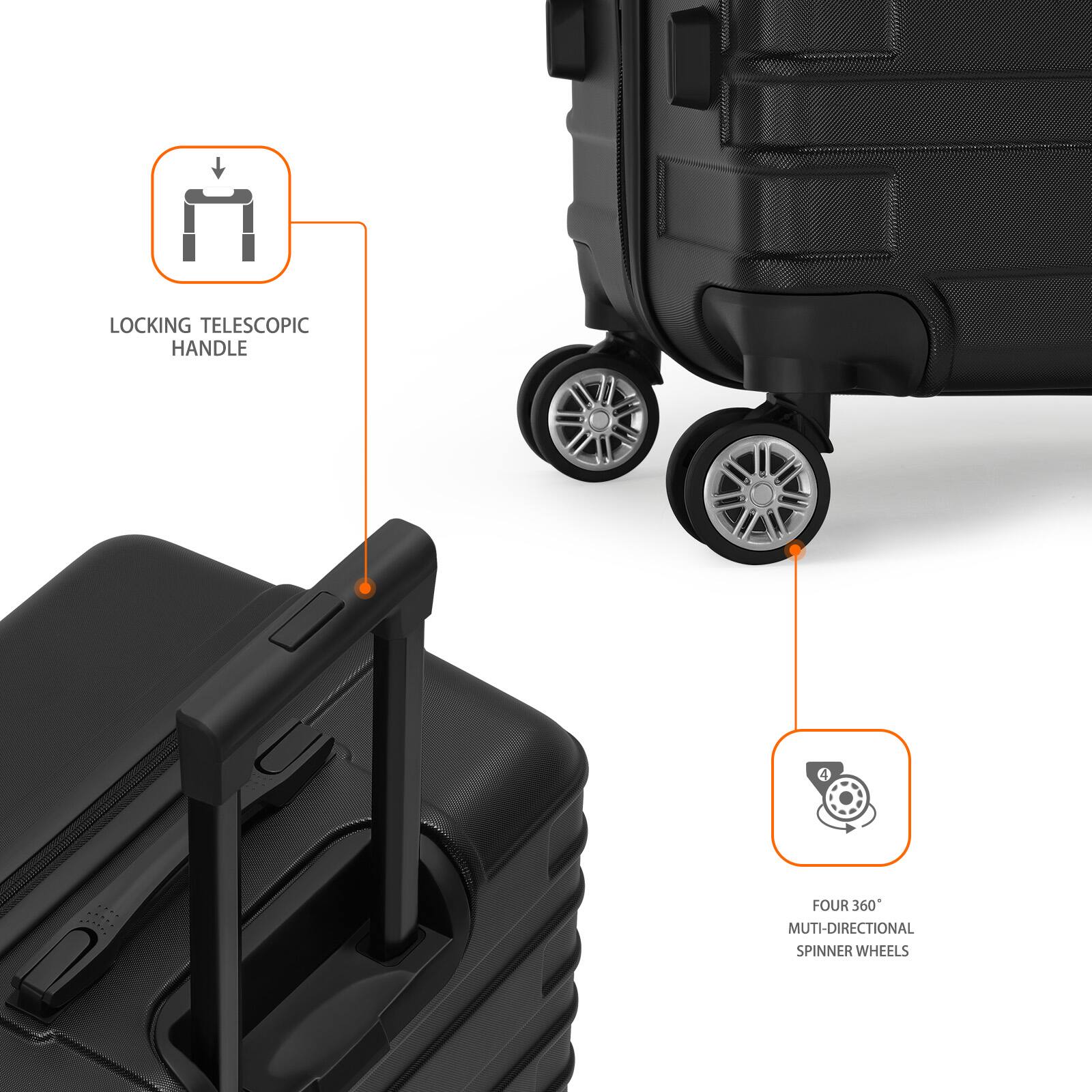 LOCKING TELESCOPIC HANDLE

FOUR 360° MULTI-DIRECTIONAL SPINNER WHEELS