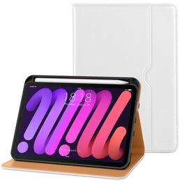 DTTO - Case for iPad Mini 7 (A17 Pro) 2024 / Mini 6 2021 8.3" - Leather Folio Stand with Pencil Holder & Multi-Angle Viewing - White