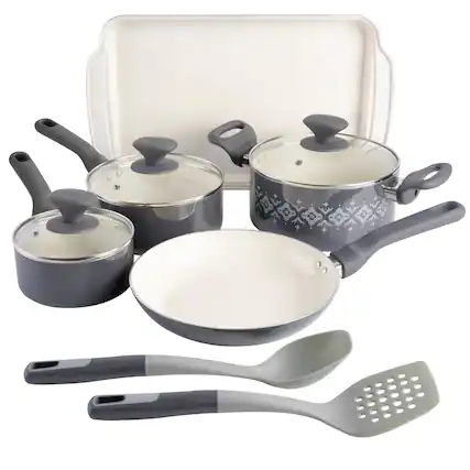 Front. Spice By Tia Mowry - Spice By Tia Mowry 10 Piece Ceramic Nonstick Aluminum Cookware Set in Charcoal - Gray.