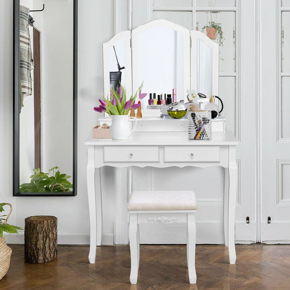 Alt View 1. Costway - Costway Tri Folding Vanity Makeup Table Stool Home Desk - white.