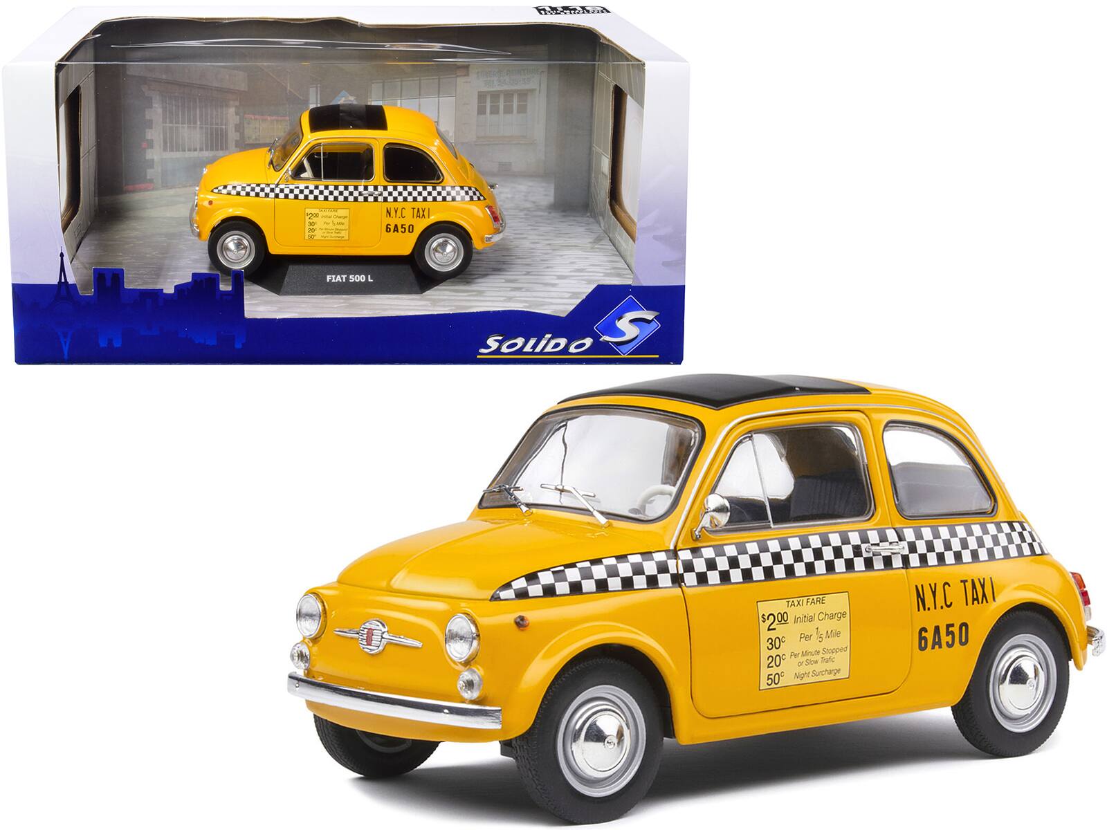 F TR T 1 29 - CN 2e - ee 3r - u - 2 Sm S N.Y.C TAXI 6A50 FIAT 500 SOLiDO S TAXI FARE $2.00 Initial Charge Per Mile 30 Stopped 20 - Site Taxi Night Surcharge 50 N.Y.C TAXI 6A50
