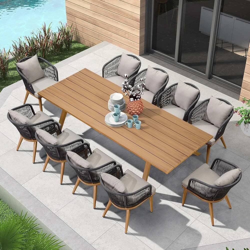 Back. PURPLE LEAF - 7/9/11-Pieces Patio Dining Set Wicker Outdoor Furniture Table and Chairs Set for Garden Teak-Finish Aluminum Frame Set - Teak-Rectangular-11 Pcs.