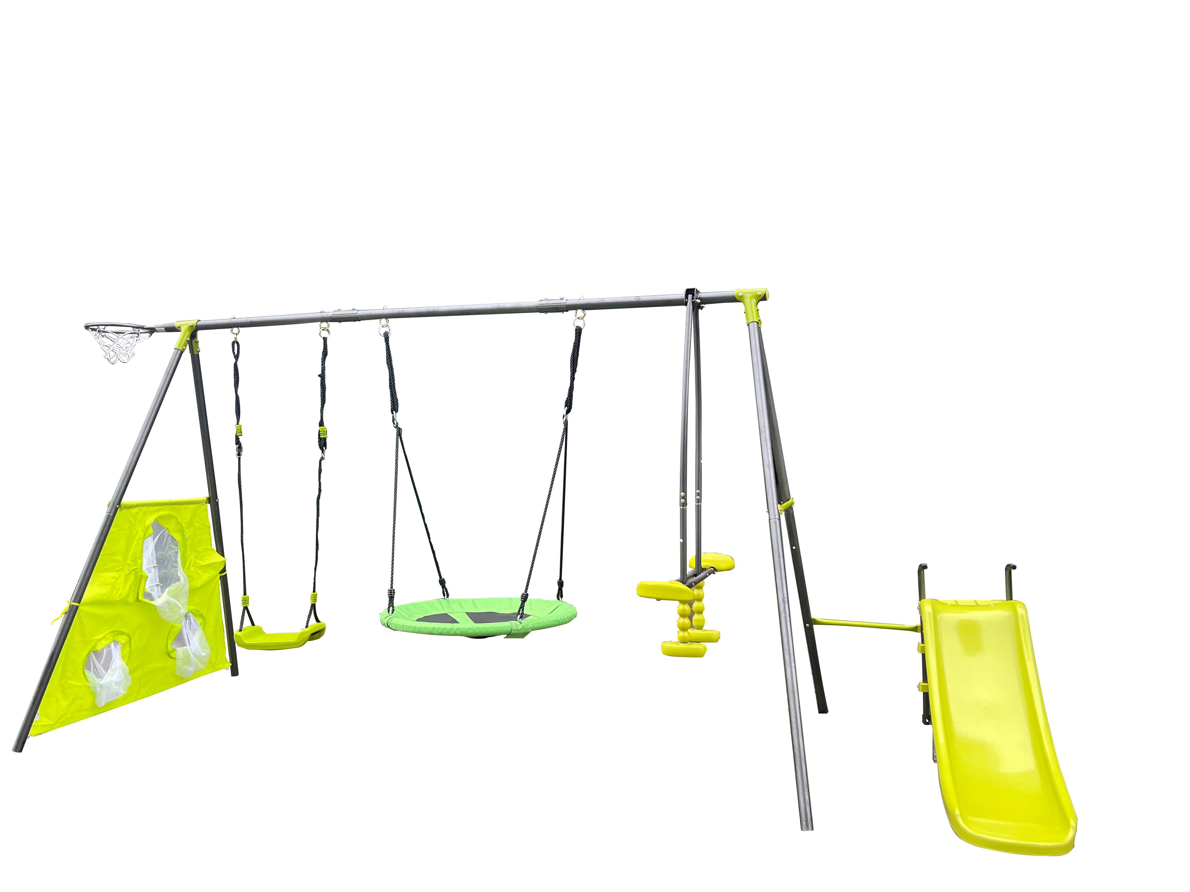 Alt View 5. Siljoy - 6‑in‑1 Blue & Green Swing Set with Net Swing, Slide, Hoop, 440lb Capacity, for Age 3+ Outdoor Play - Green.