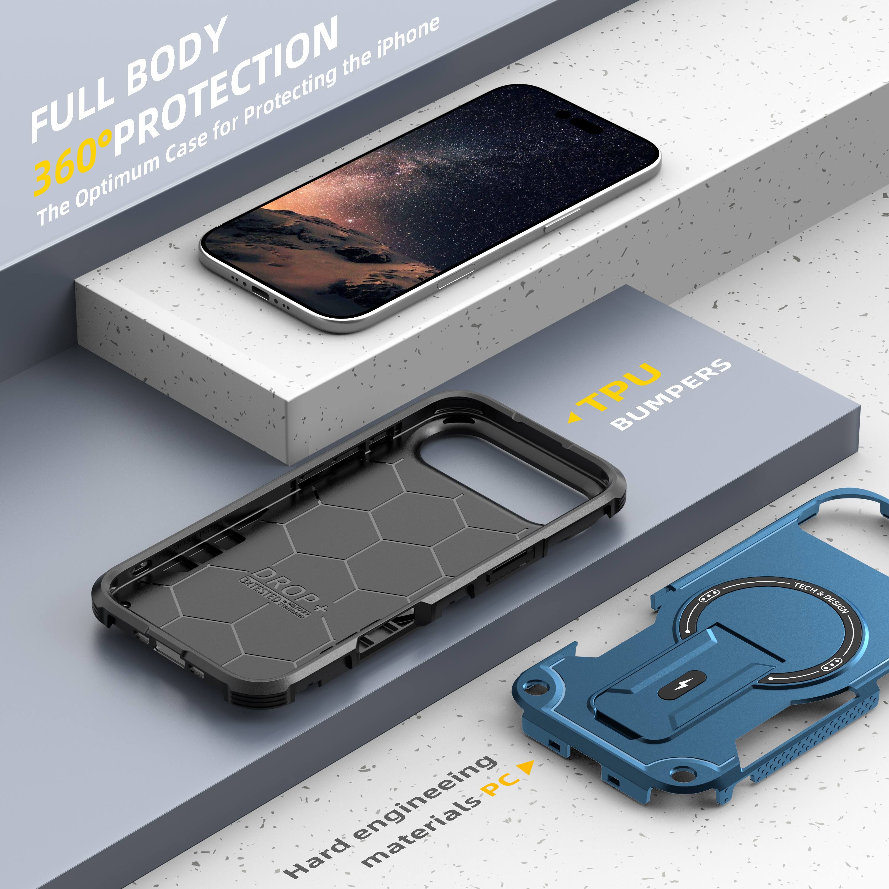 FULL BODY 360° PROTECTION  
The Optimum Case for Protecting the iPhone  

TPU BUMPERS  

Hard engineering materials PC  

TECH DESIGN