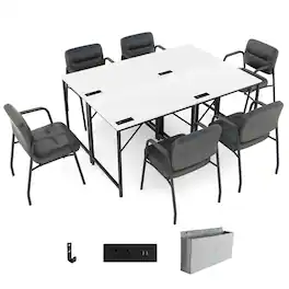 Costway - 32" Meeting Room Desk Set of 4 with Charging Station & Headphone Hook Metal Frame - White,Black
