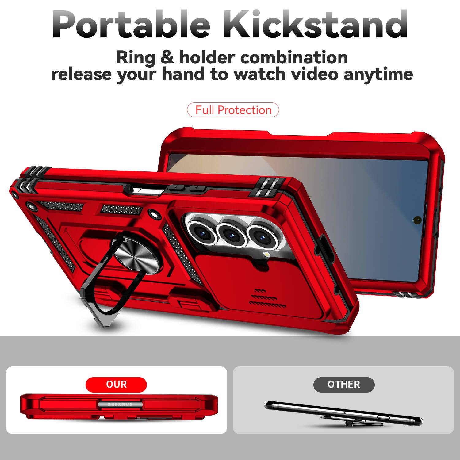 Portable Kickstand  
Ring & holder combination release your hand to watch video anytime  
Full Protection  

OUR  
OTHER