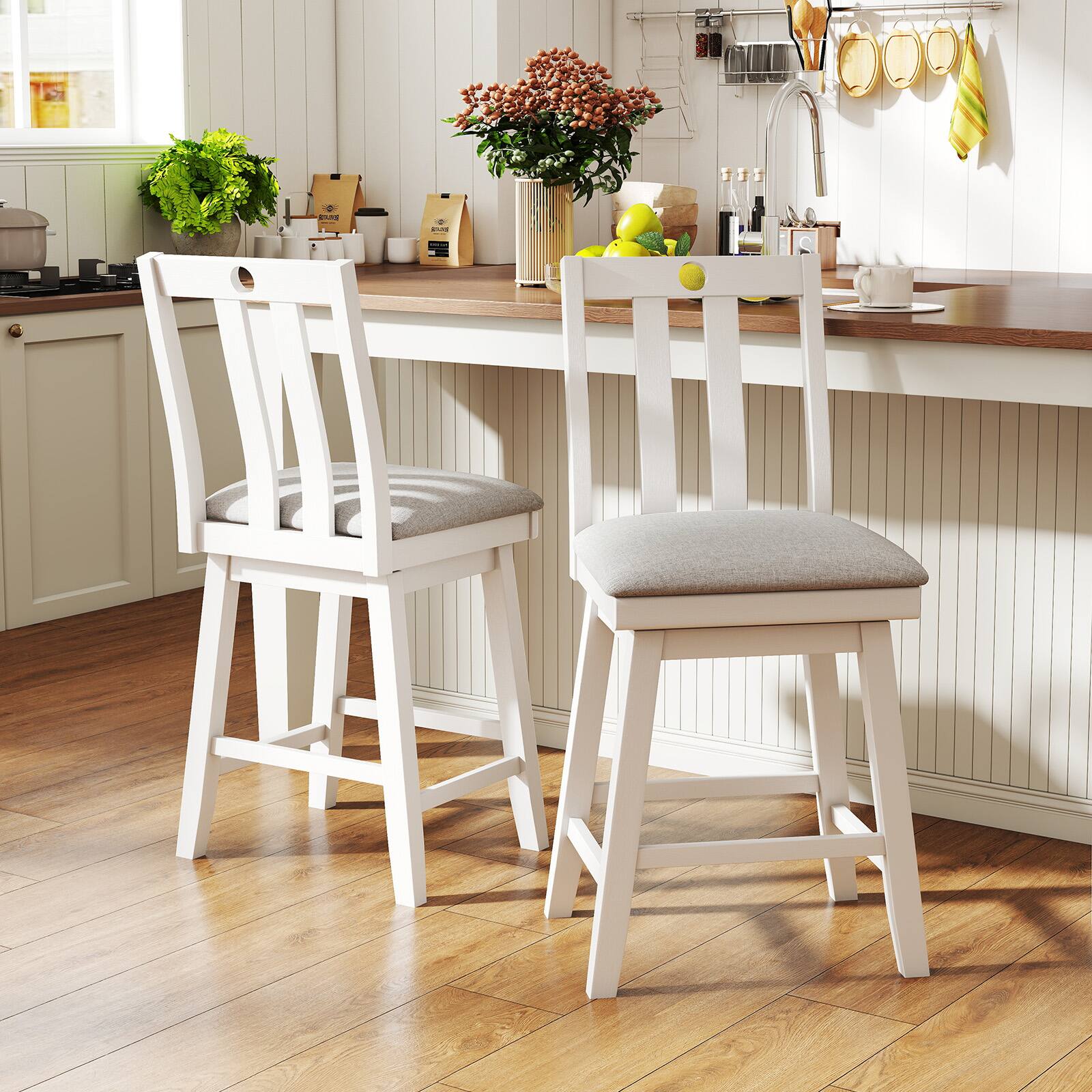 Alt View 3. Gymax - Gymax 25'' Swivel Counter Height Chairs Set of 4 w / Upholstered Seat Rubber Wood Frame - Gray, White.