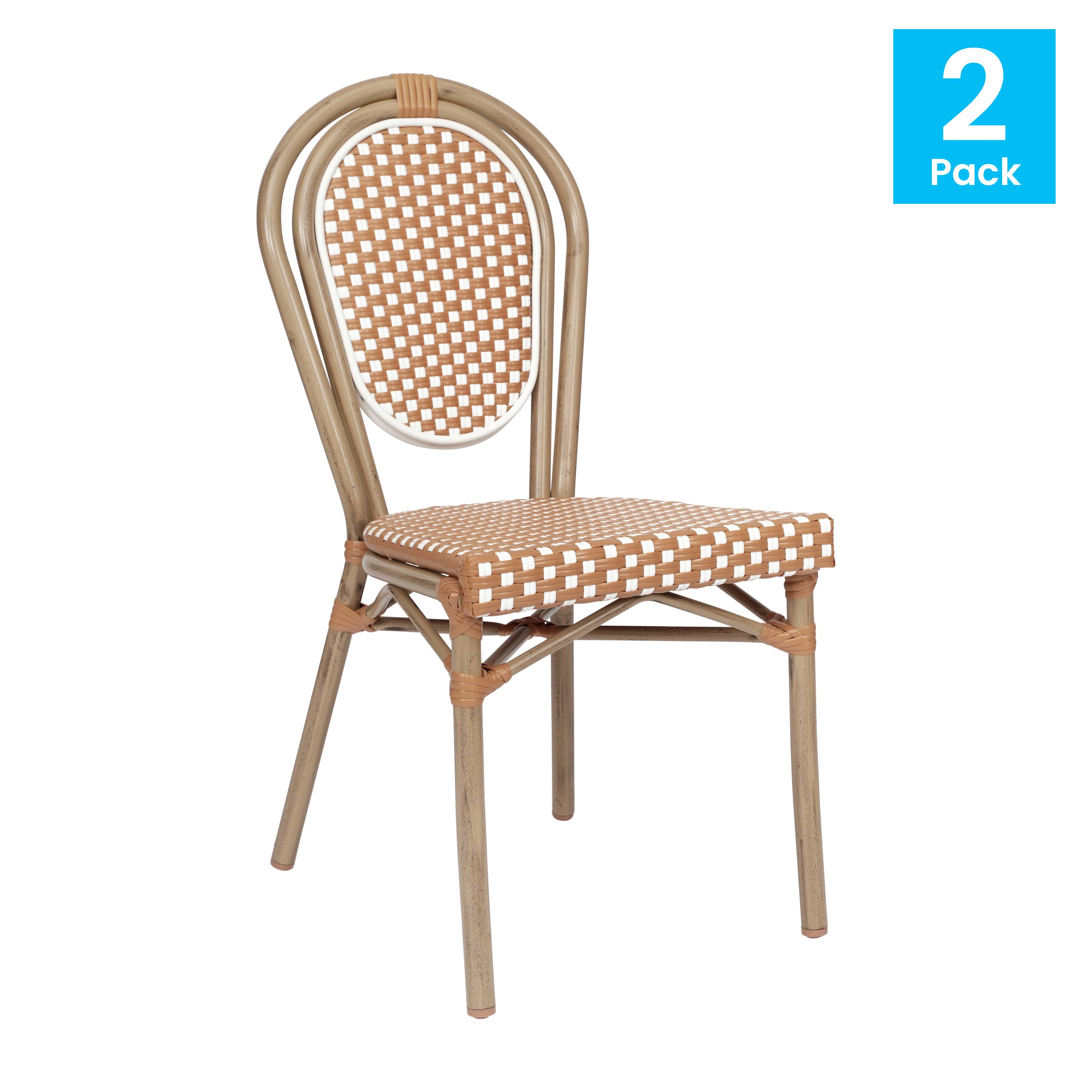Alt View 1. Emma + Oliver - Colmar Set of Two Indoor/Outdoor Stacking Thonet Bistro Style Chairs with PE Rattan Seat and Finished Metal Frame - Natural & White/Light Natural Frame.