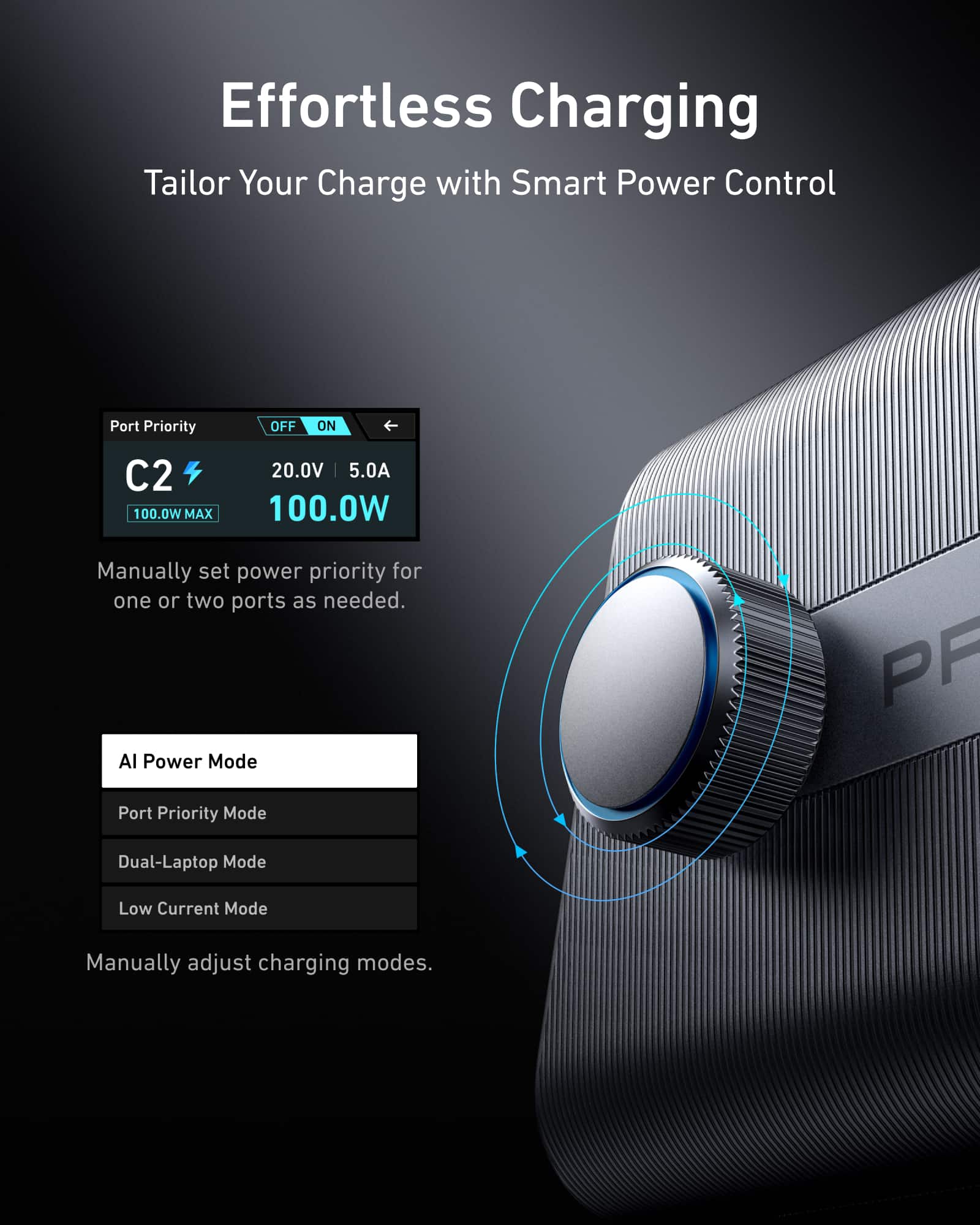 Effortless Charging Tailor Your Charge with Smart Power Control Port Priority OFF ON C2 100.0W MAX 20.0V 5.0A 100.0W Manually set power priority for one or two ports as needed. AI Power Mode PF Port Priority Mode Dual-Laptop Mode Low Current Mode Manually adjust charging modes.