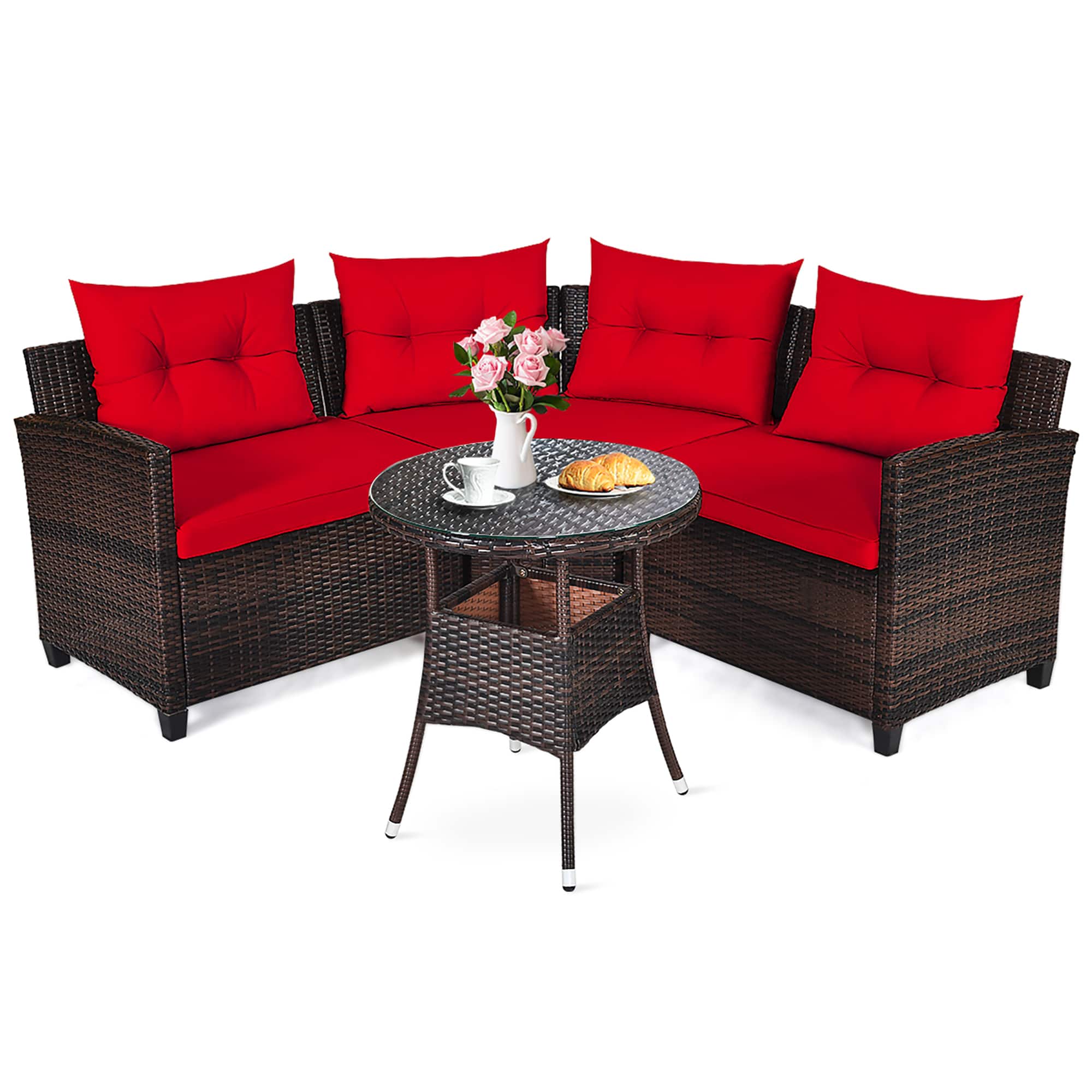 Front. Costway - 4PCS Outdoor Patio Rattan Furniture Set Cushioned Sofa Table - Dark Brown/Red.