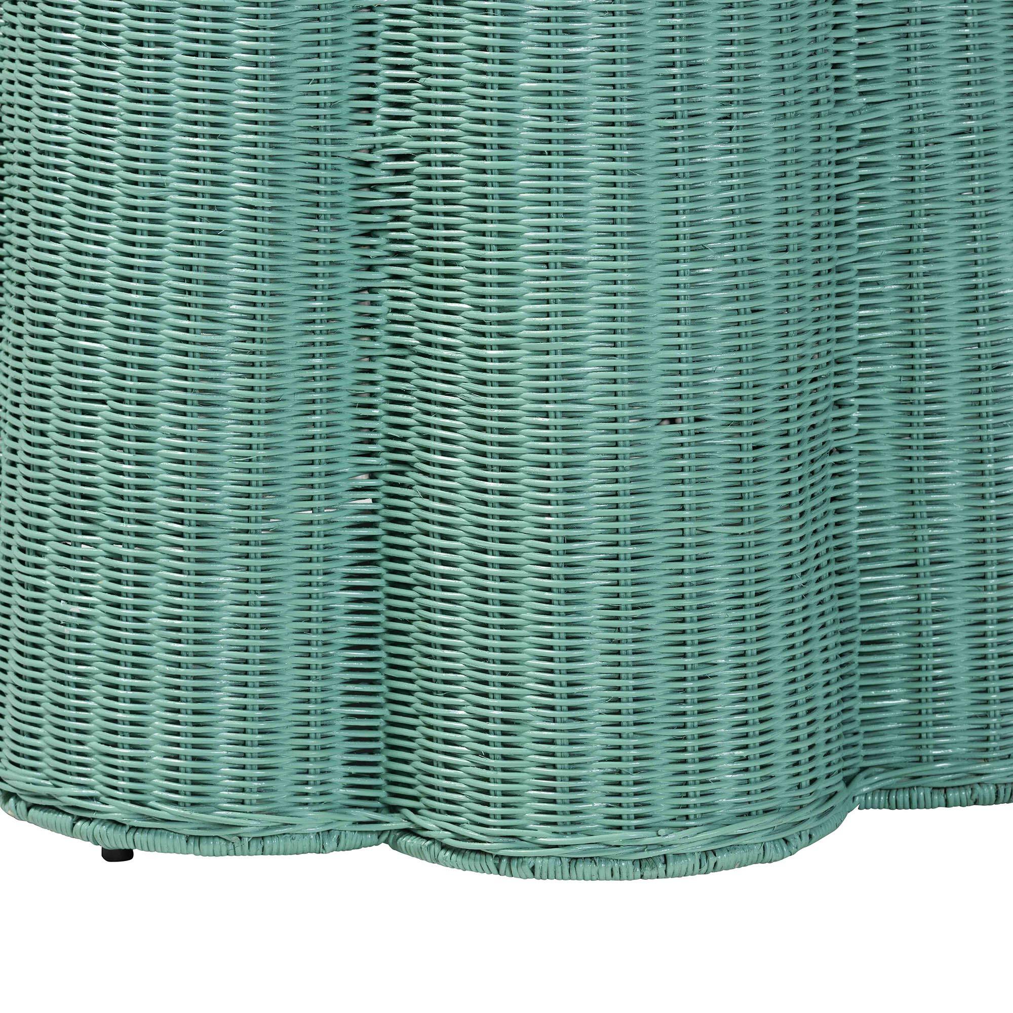 Left. bali & pari - Palm Scallop Rattan Console Table – Handwoven Wicker Round Accent Table Green - Teal Green.