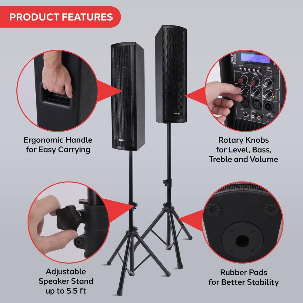 PRODUCT FEATURES

- Ergonomic Handle for Easy Carrying
- Rotary Knobs for Level, Bass, Treble and Volume
- Adjustable Speaker Stand up to 5.5 ft
- Rubber Pads for Better Stability