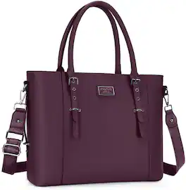 mosiso - Waterproof PU Leather Laptop Bag for Women 15.6 Inch, Vintage Briefcase Shoulder Tote Computer Bag for Work & Office - Plum