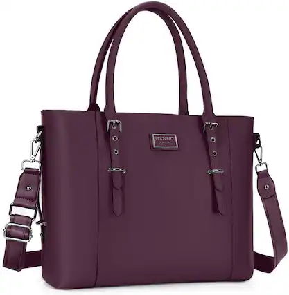 Front. mosiso - Waterproof PU Leather Laptop Bag for Women 15.6 Inch, Vintage Briefcase Shoulder Tote Computer Bag for Work & Office - Plum.