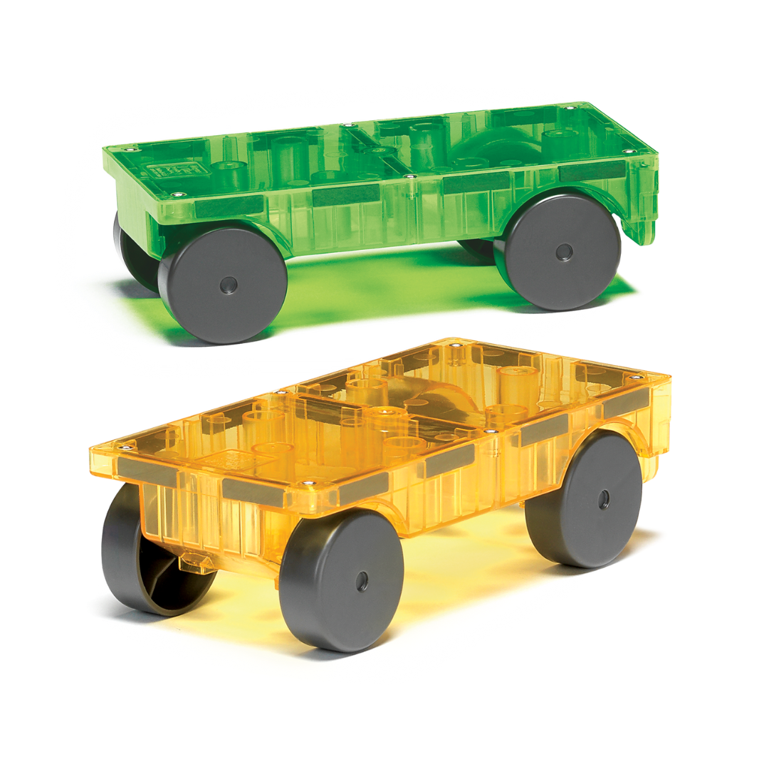 Left. Magna-Tiles - Cars 2-Piece Green & Yellow Magnetic Construction Set, THE ORIGINAL MAGNA-TILES.