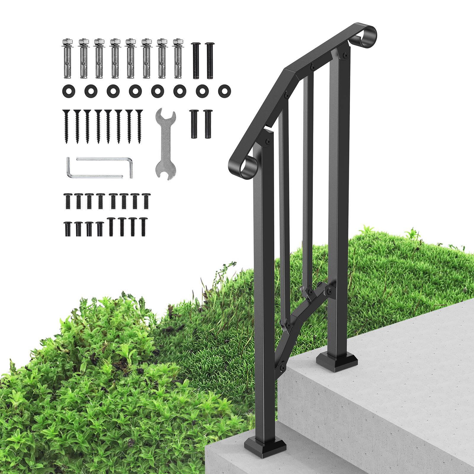 VEVOR - Handrails for Outdoor Steps, 1-2 Step Stair Hand Rail Kit, Transitional Carbon Steel Railings with Installation Kit - Black