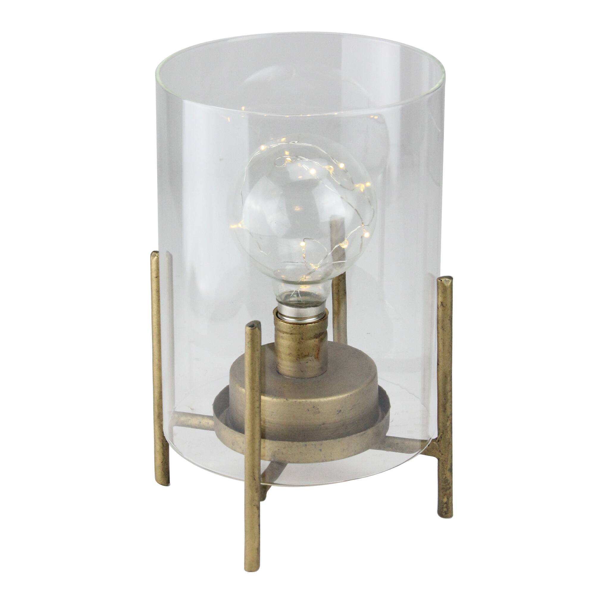 Alt View 1. Melrose - 10” Glass Hurricane Cylinder Lantern with LED Fairy Light Bulb - Clear.
