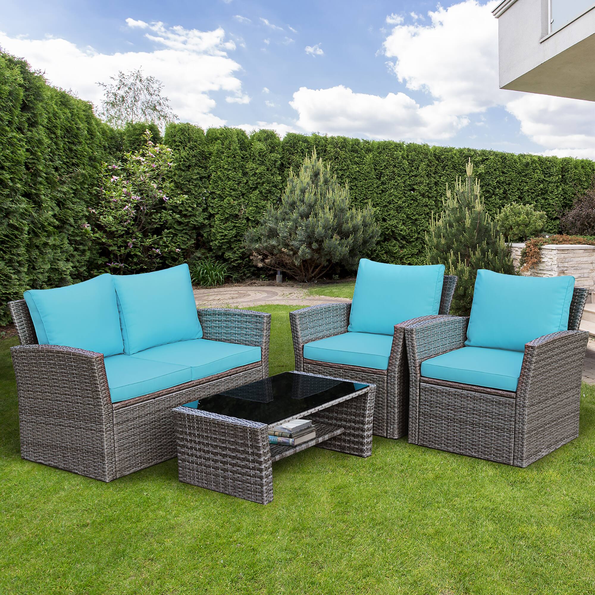 Alt View 3. Costway - Costway 4PCS Patio Rattan Furniture Set Sofa Table W/Storage Shelf - Turquoise.