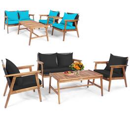 Gymax - 4PCS Patio Conversation Set Wood Frame Furniture Set w/ Turquoise & Black Cushions - Black,Turquoise