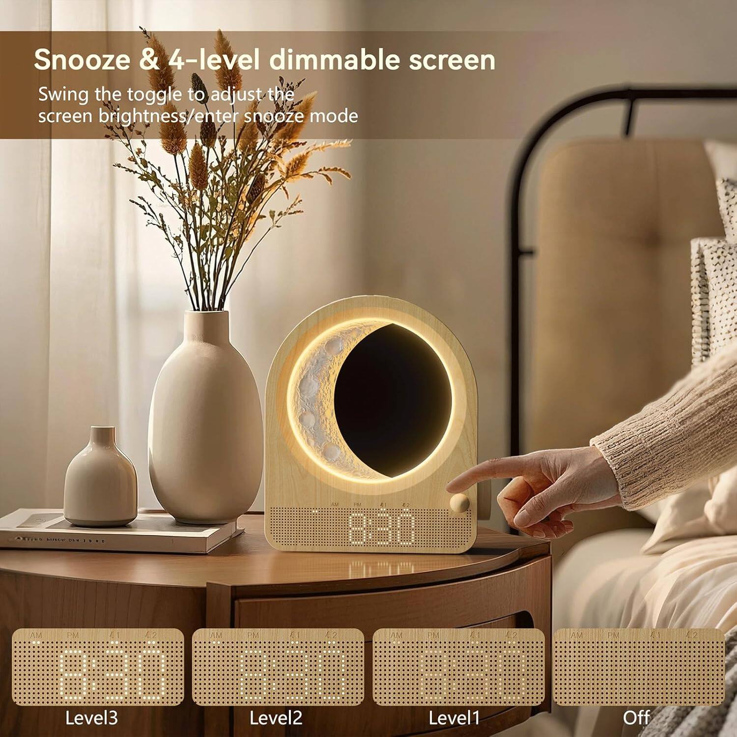 Snooze & 4-level dimmable screen  
Swing the toggle to adjust the screen brightness/enter snooze mode  

Level3  
Level2  
Level1  
Off