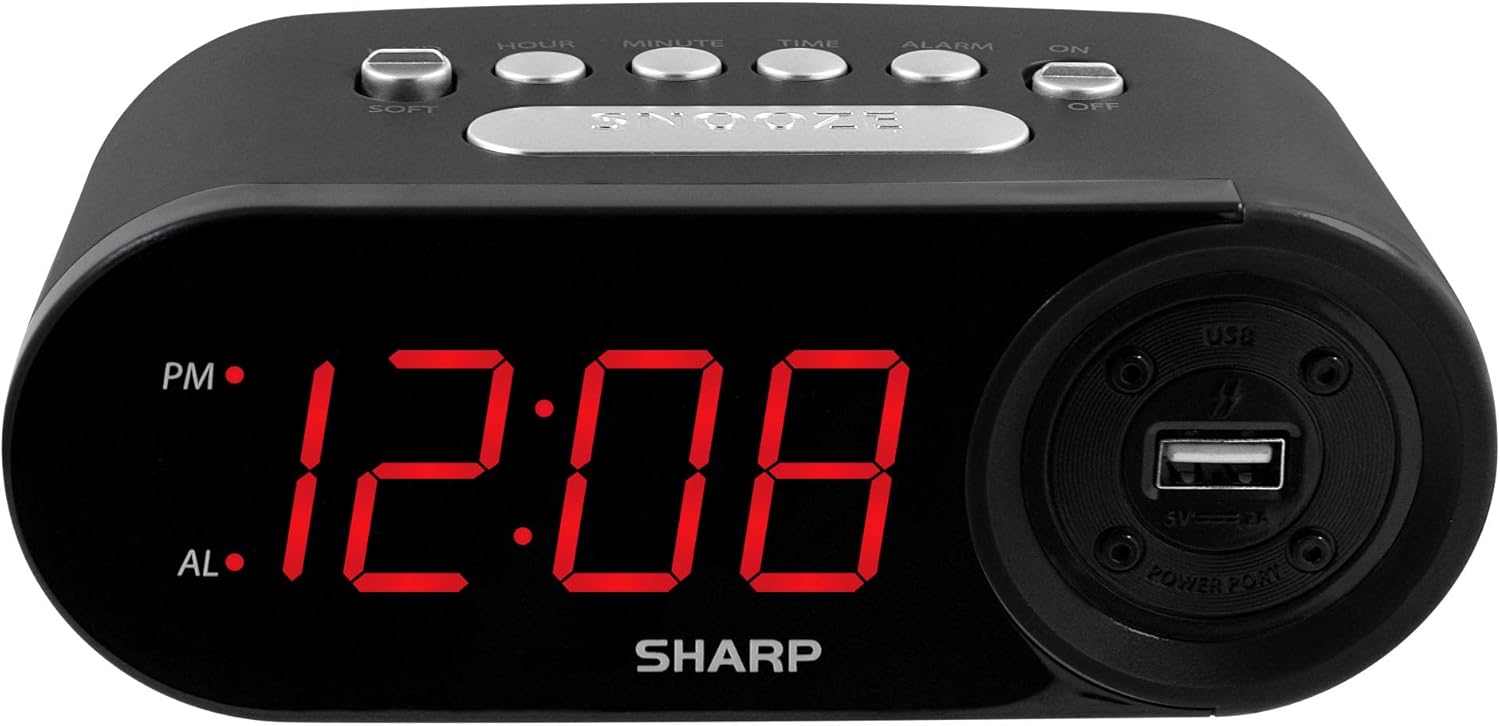 Stamp n Camp - Sharp Digital Easy to Read Alarm Clock with 2 AMP High-Speed USB Charging Power Port - Charge Your Phone, Tablet a high - Black - Red Led