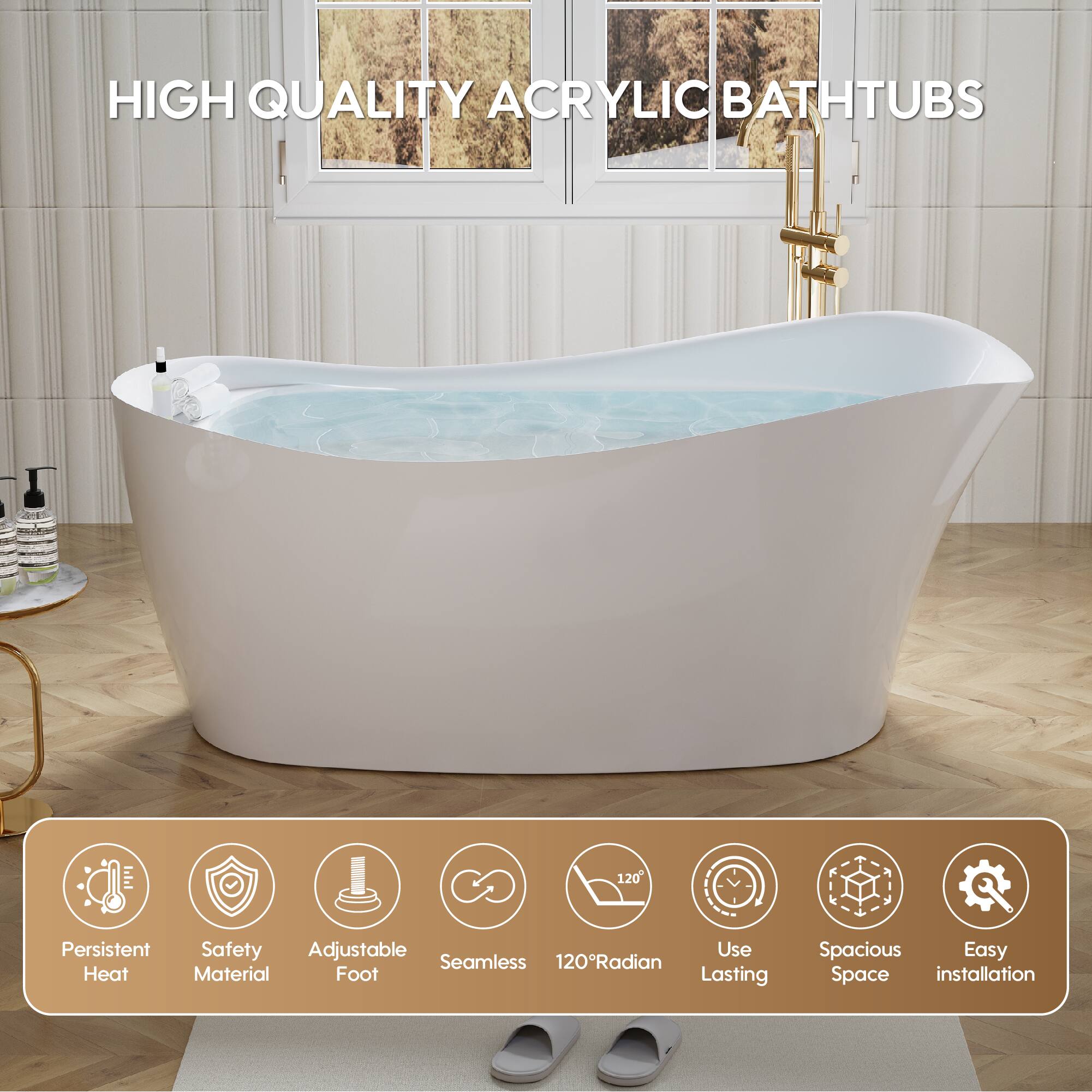 HIGH QUALITY ACRYLIC BATHTUBS

- Persistent Heat
- Safety Material
- Adjustable Foot
- Seamless
- 120° Radian
- Use Lasting
- Spacious Space
- Easy installation