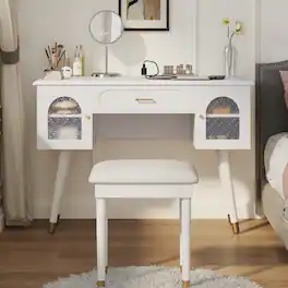 Loheer - Makeup Vanity Table with Stool and Charging Station - White